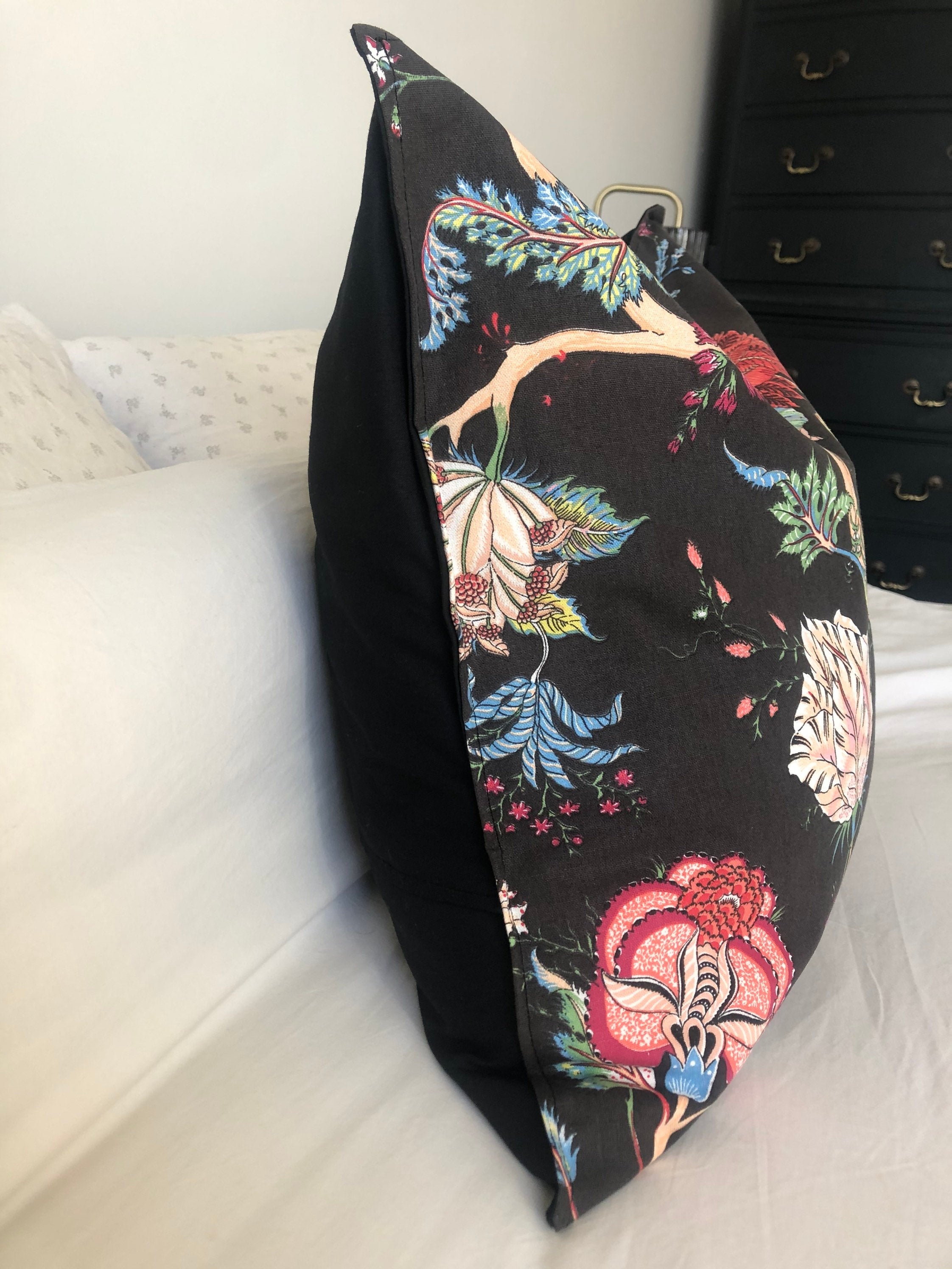 Black Floral Pillow Cover, Vintage Botanical Print, Eclectic Decor