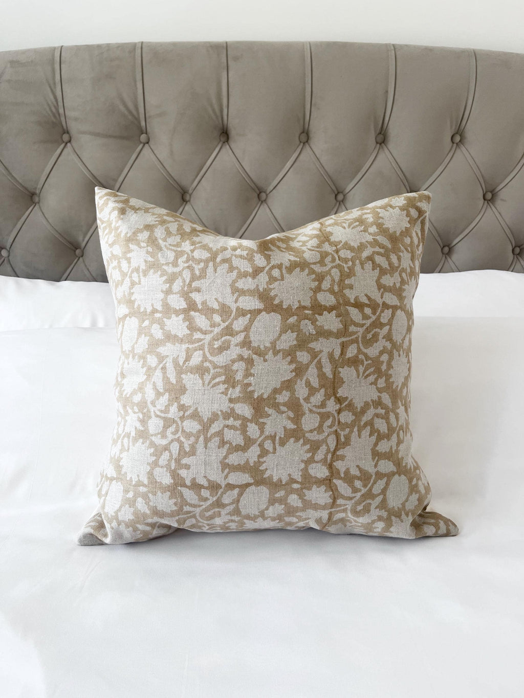 Beige floral block print pillow cover, patterned neutral cushion cover, light brown throw cushion