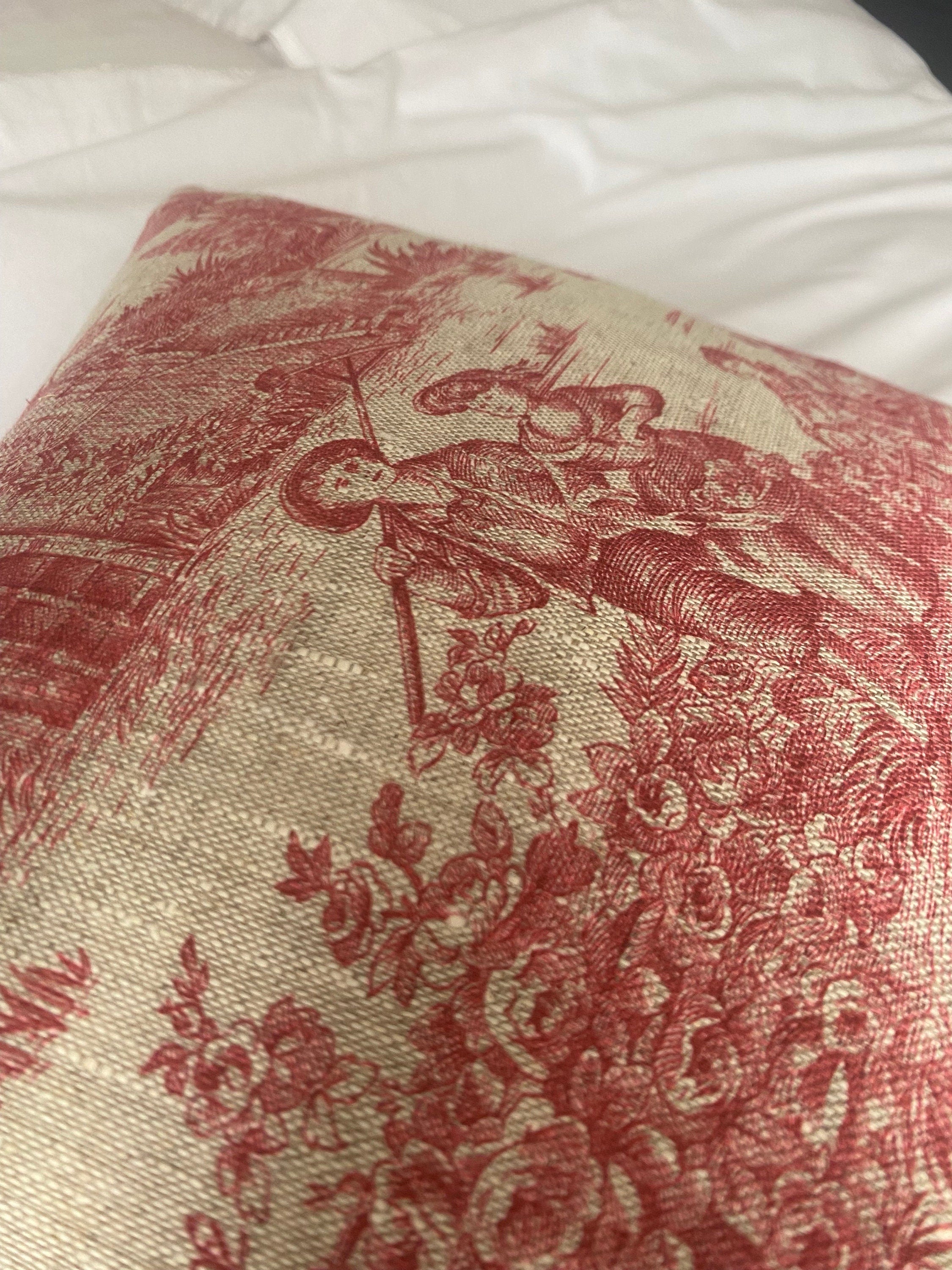 French country pillow cover, vintage linen bedding, red toile de jouy cushion covers