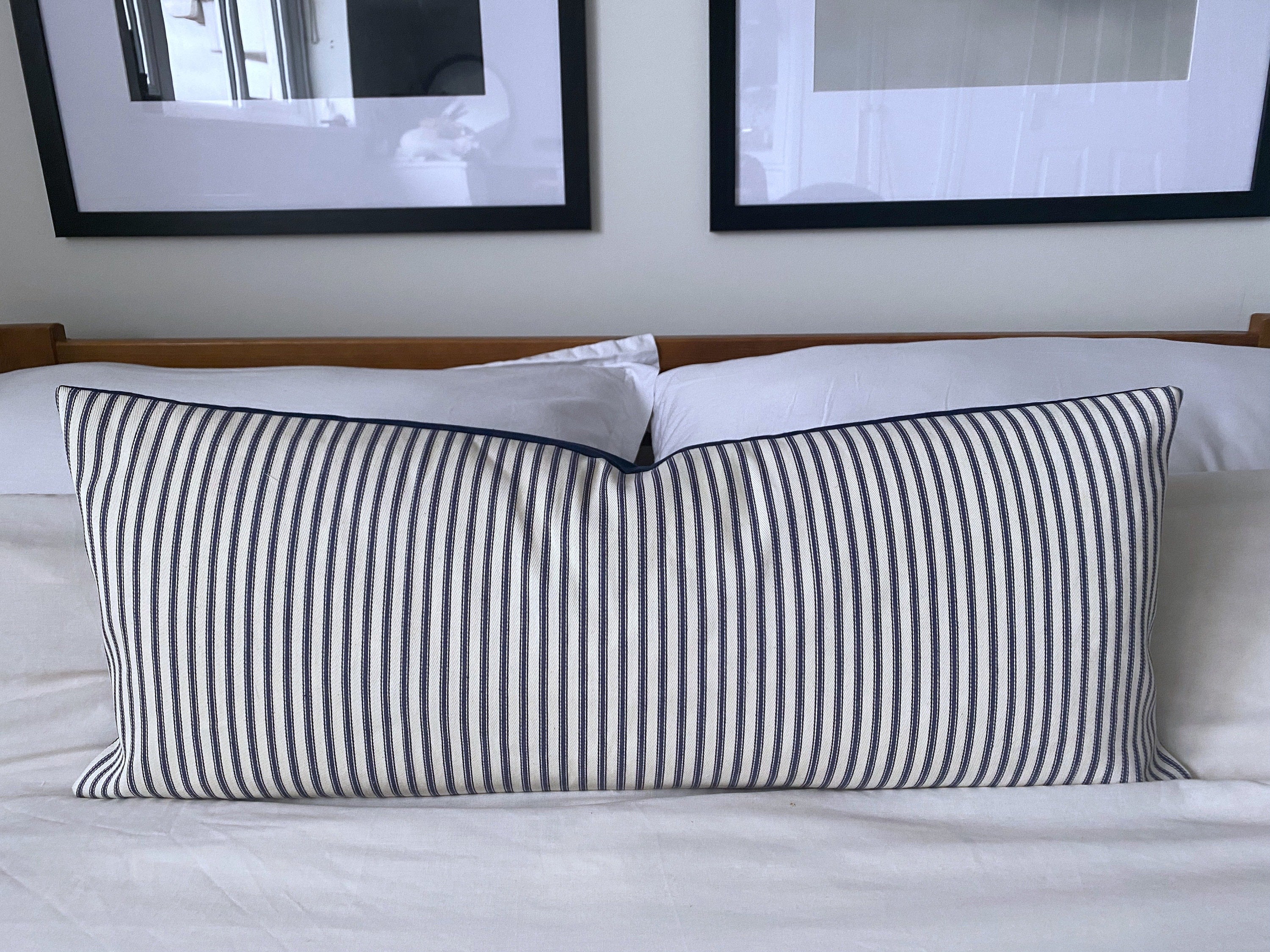 Blue striped lumbar pillow cover, coastal home decor