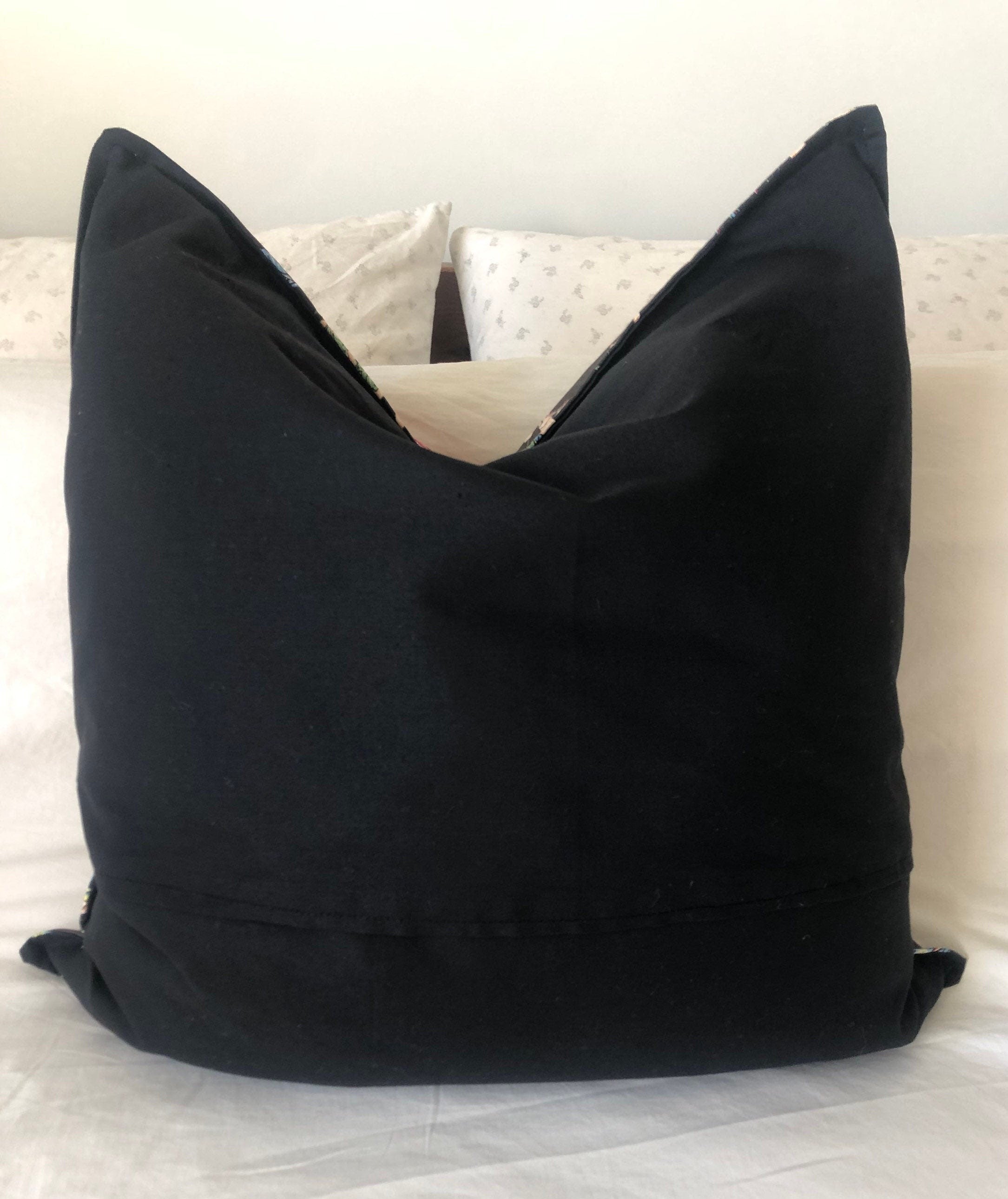 Black Floral Pillow Cover, Vintage Botanical Print, Eclectic Decor