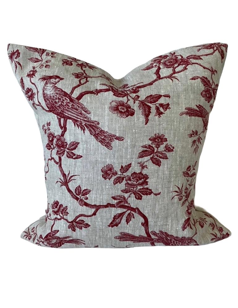 French Toile de Jouy Linen Pillow Cover, red Vintage Farmhouse Decor