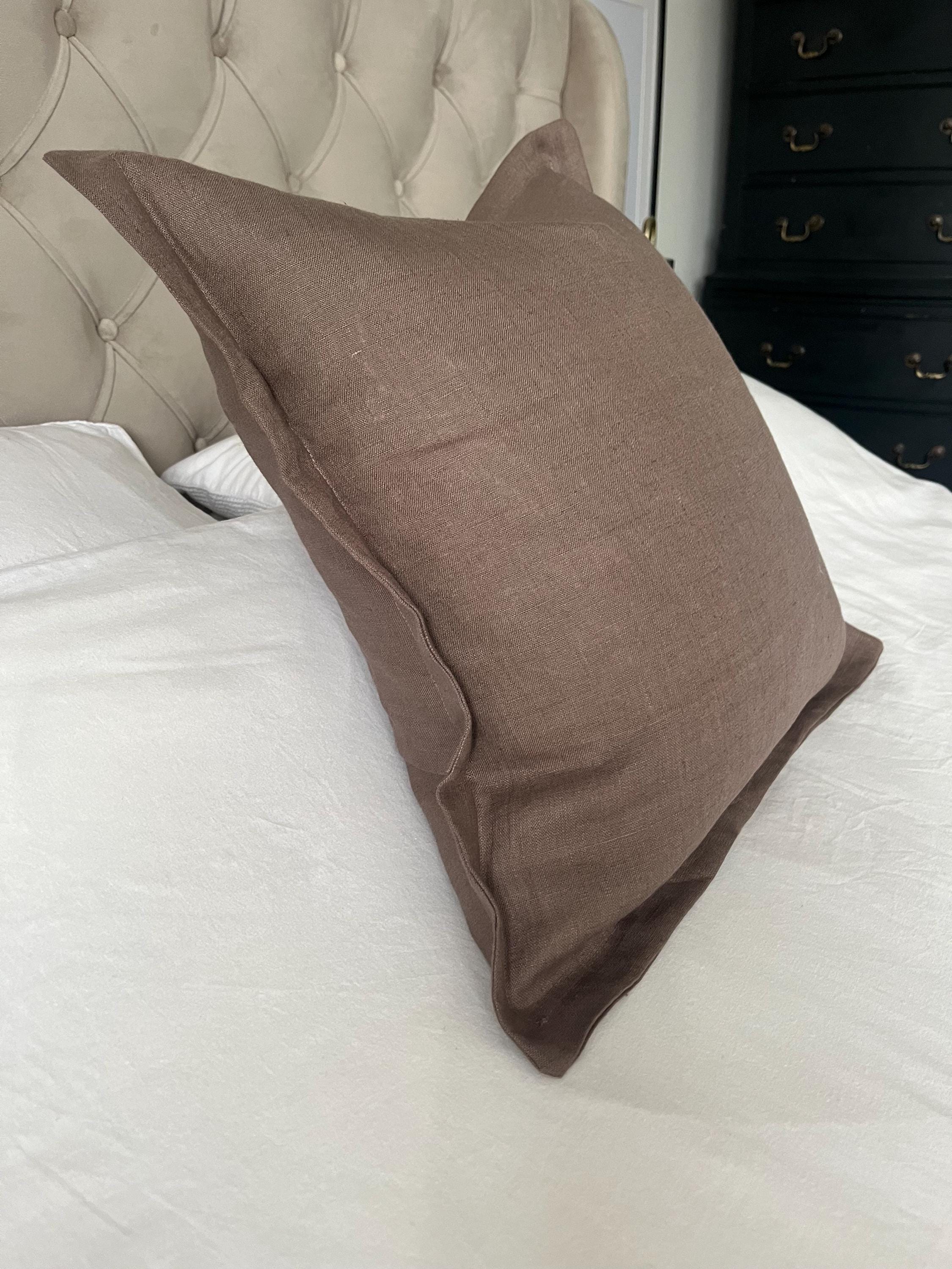Mocha brown pillow cover within oxford edging, neutral linen cushion cover
