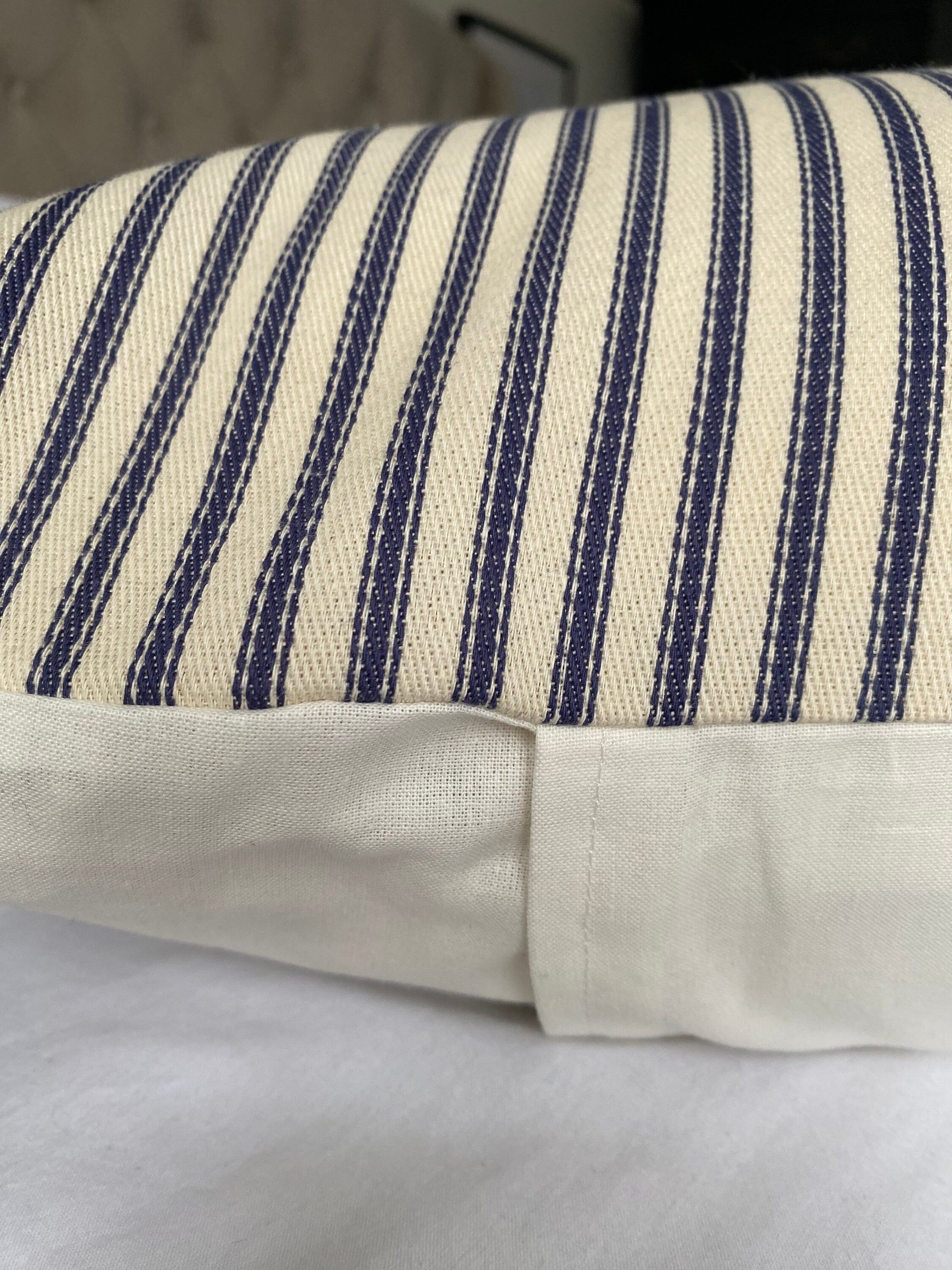 Blue Striped Ticking Cushion Cover: Handmade Nautical Pillow