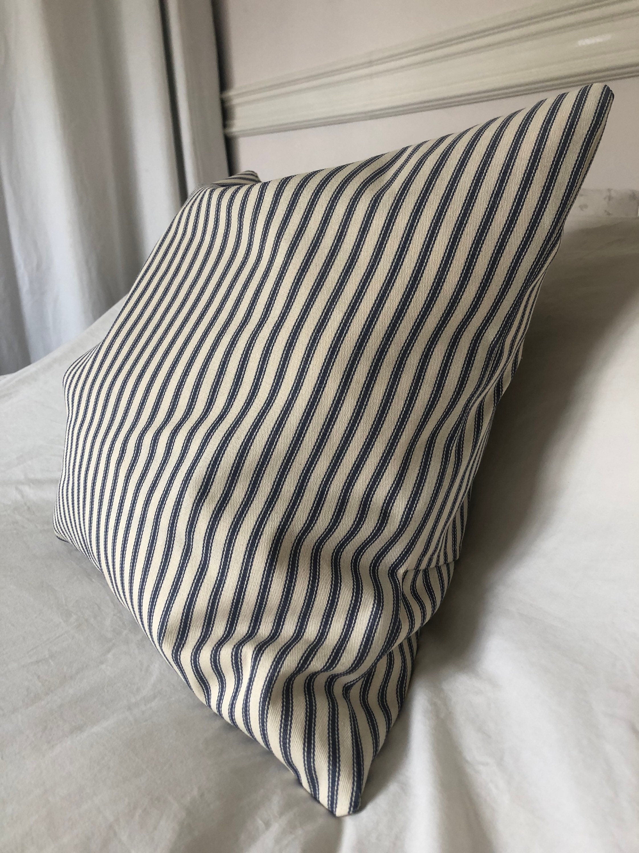 Nautical Stripe Pillow Cover, Blue Ticking Cushion, French Vintage Decor