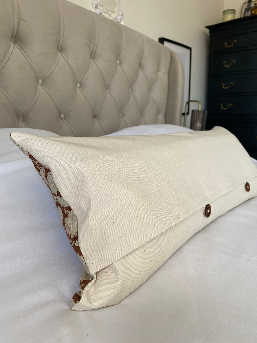 Brown block print bolster pillow cover, neutral home decor