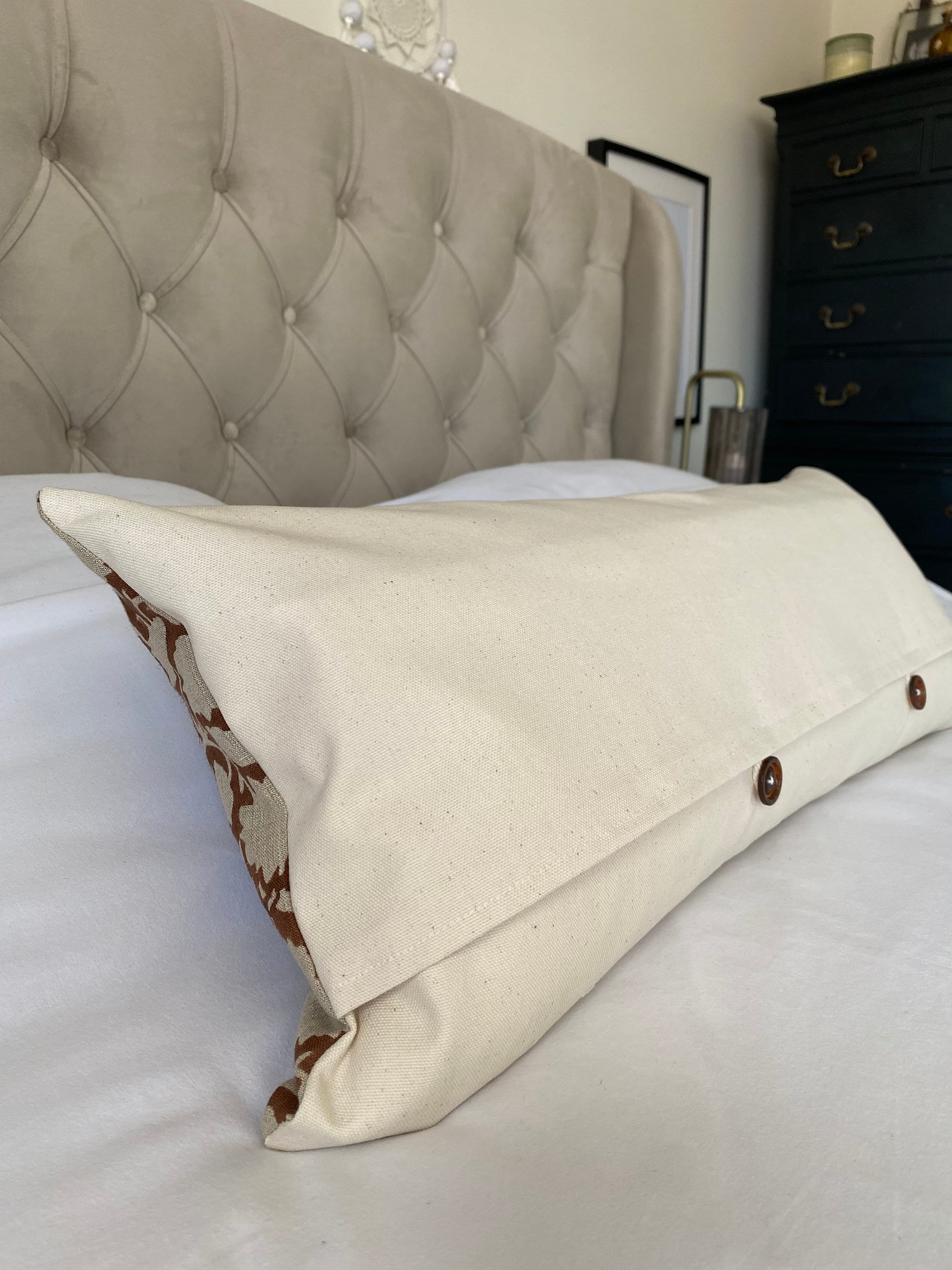 Brown block print bolster pillow cover, neutral home decor