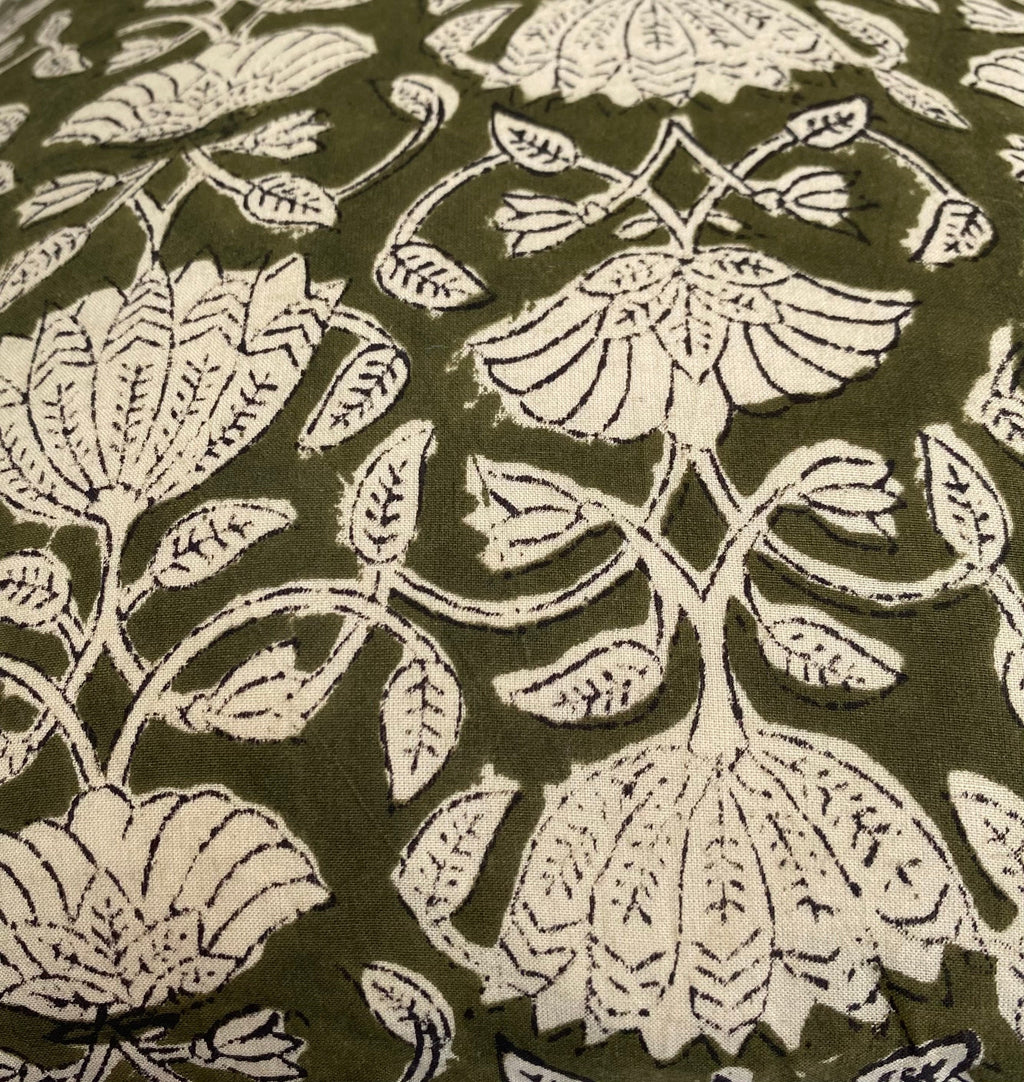 olive green block print cotton cushion covers, with an organic cotton reverse