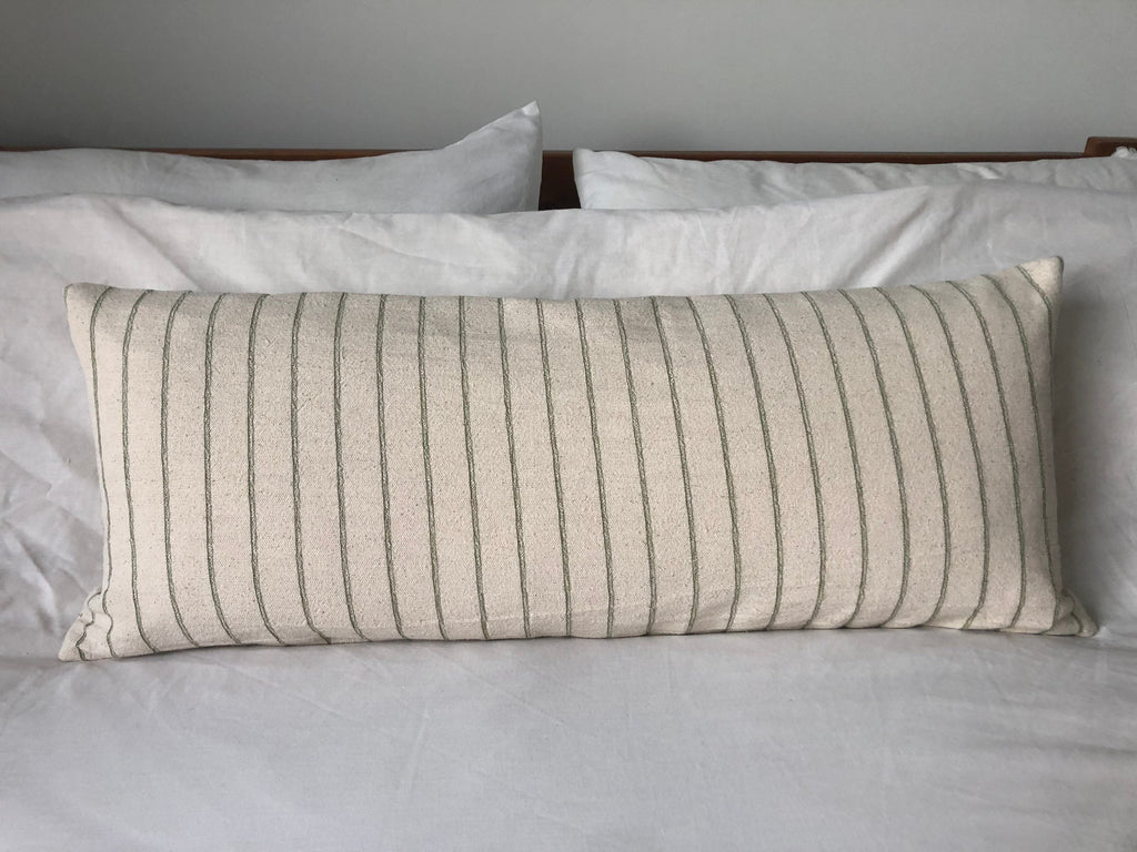 long bolster cushion cover in sage green stripe handwoven fabric