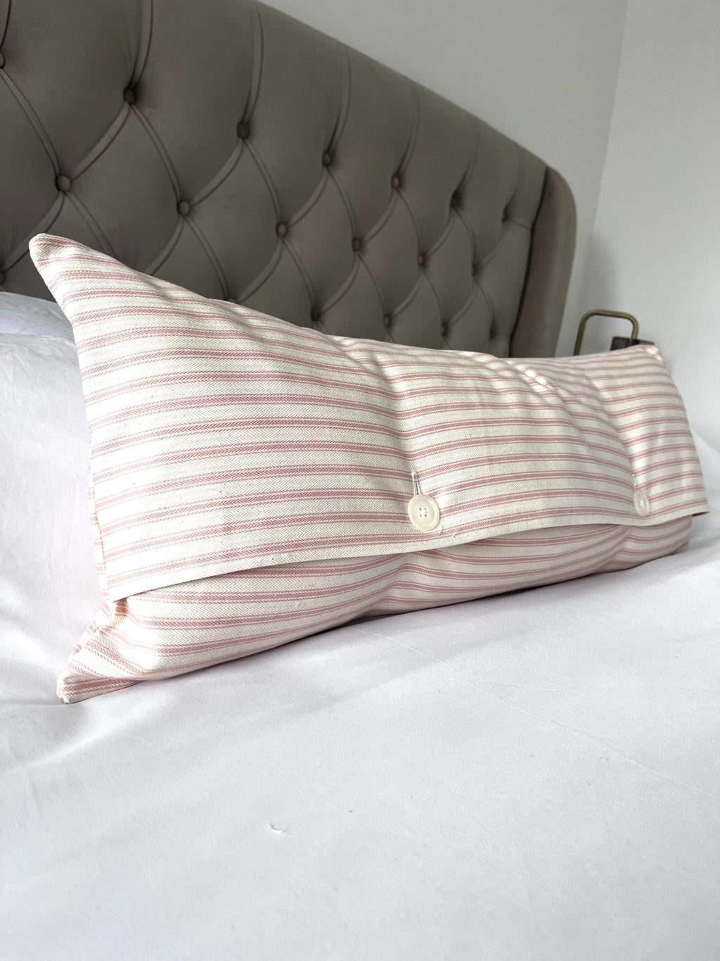 Pink Stripe Bolster Pillow Cover, French Ticking Linen Cushion