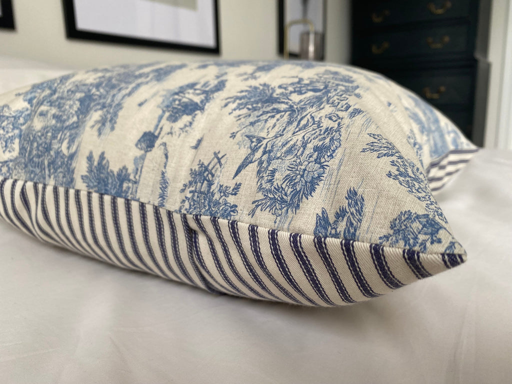 Vintage Toile de Jouy Cushion Cover: French Country Blue Striped Pillow