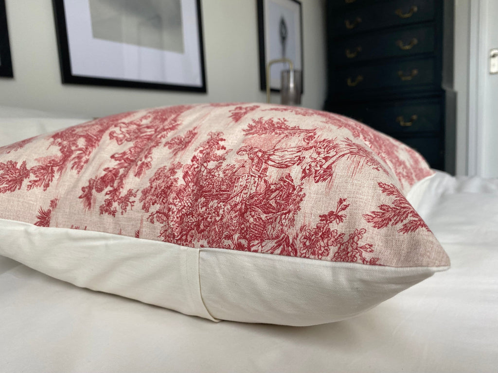Toile de jouy french country pillow covers; red vintage cushions with an envelope reverse
