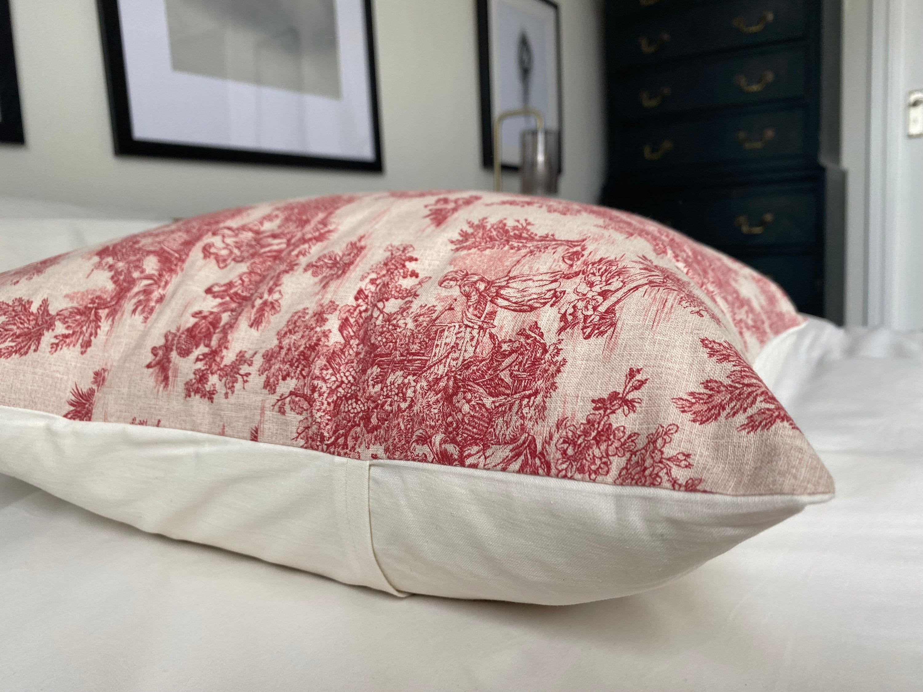 Toile de jouy french country pillow covers; red vintage cushions with an envelope reverse