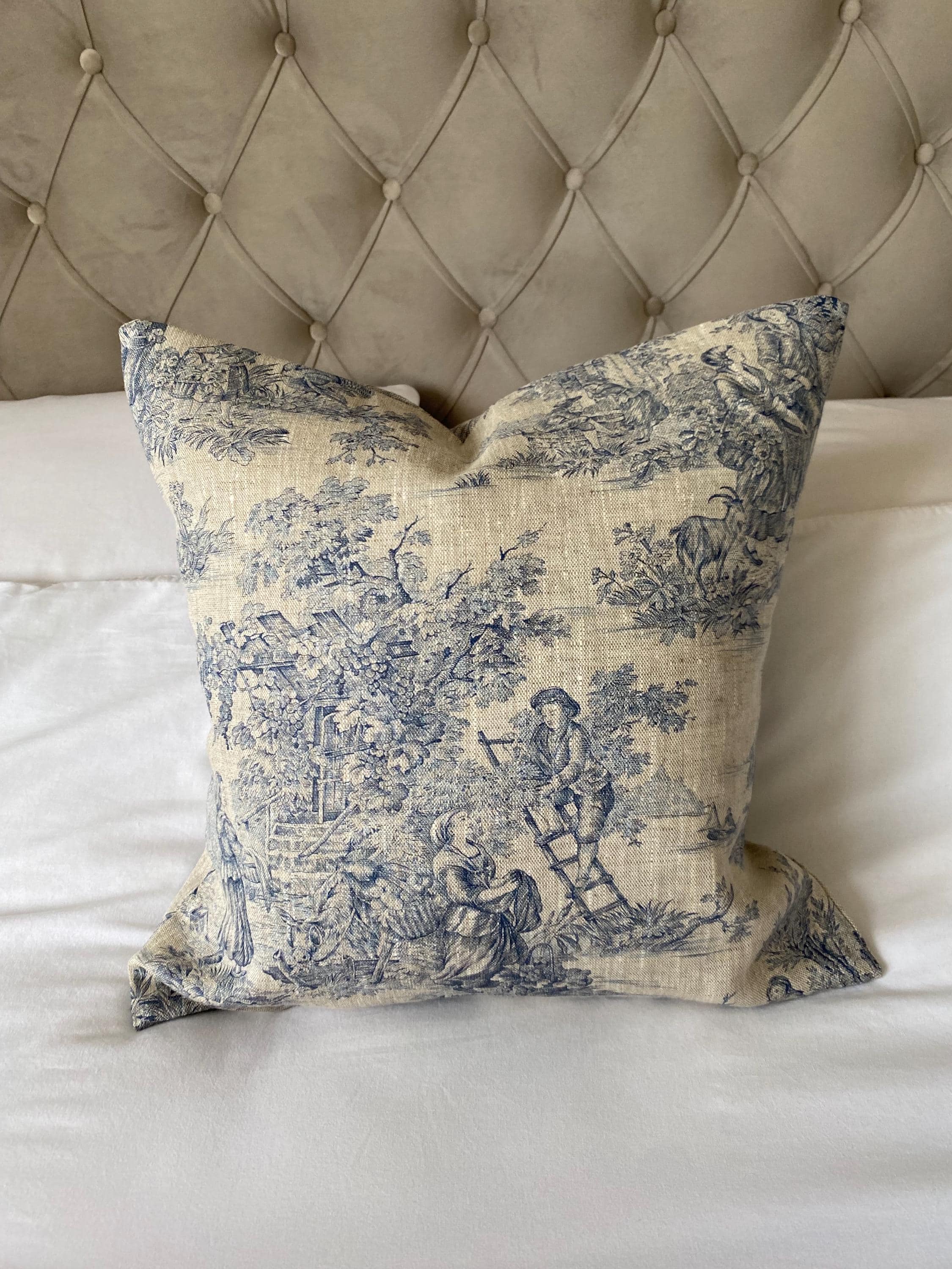 Blue toile de jouy linen cushion cover, french country pillow cover, vintage linen bedding