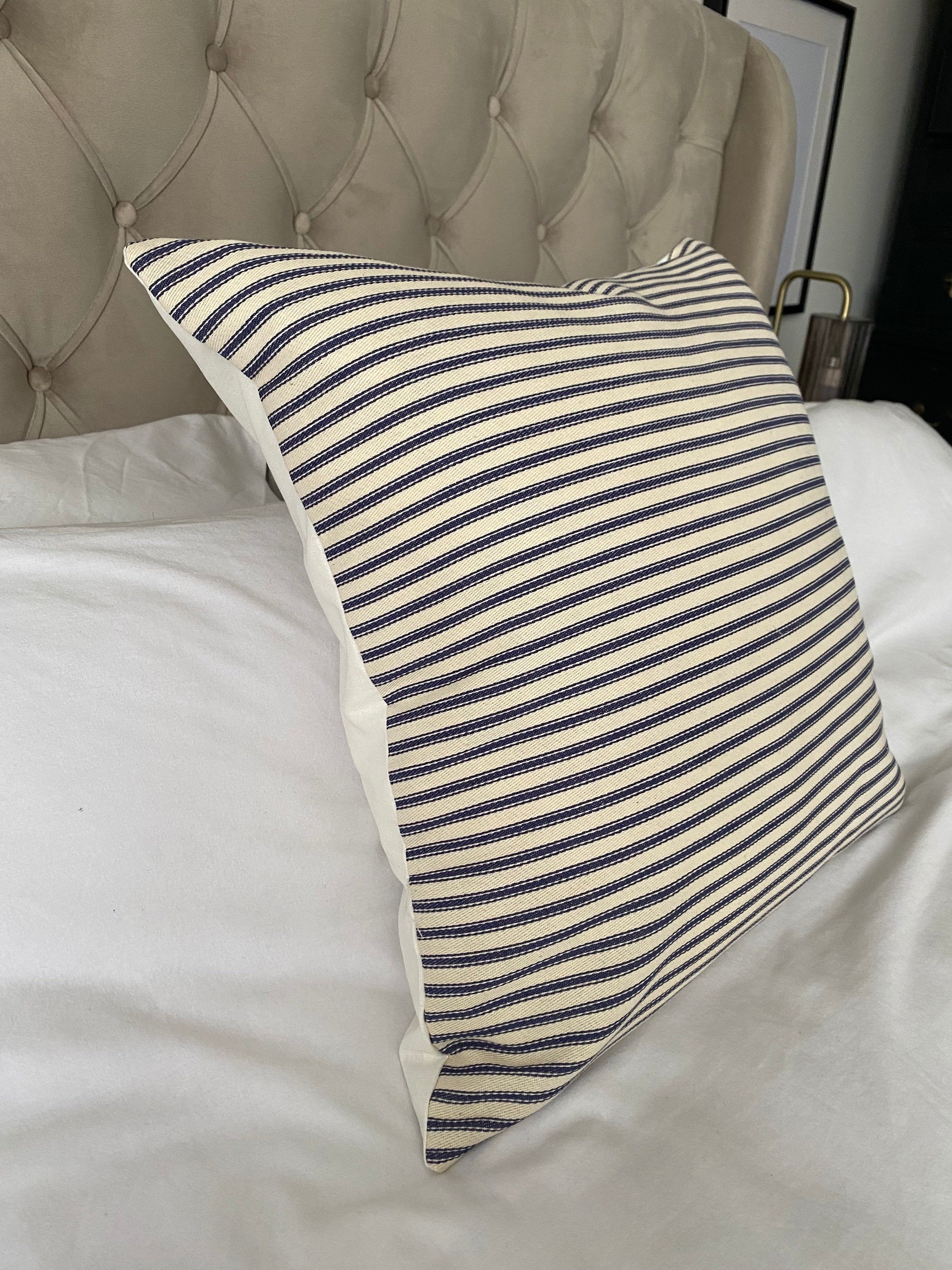 Blue Striped Ticking Cushion Cover: Handmade Nautical Pillow