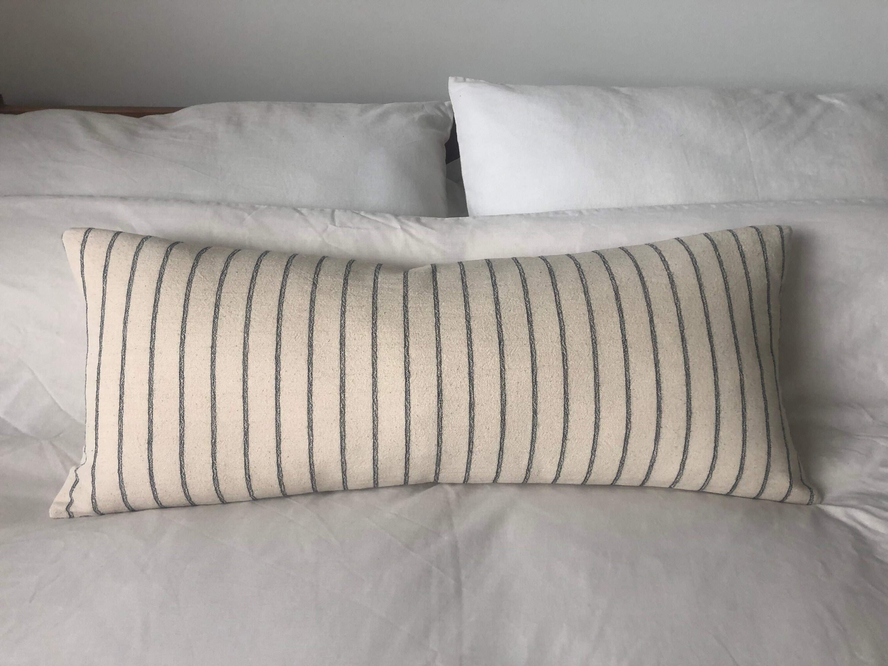 long neutral striped handwoven bolster pillow covers, beige lumbar pillow