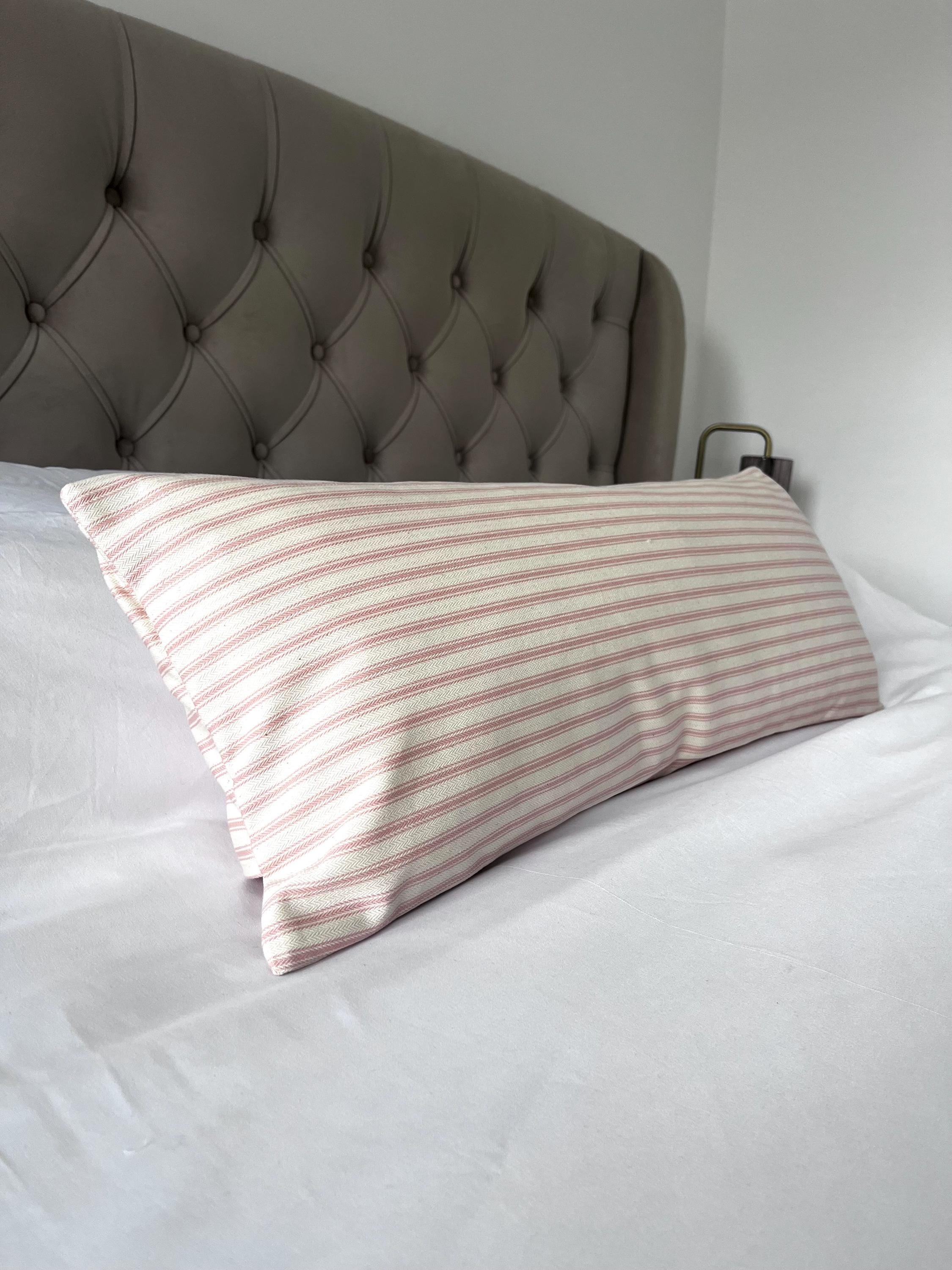 Pink Stripe Bolster Pillow Cover, French Ticking Linen Cushion