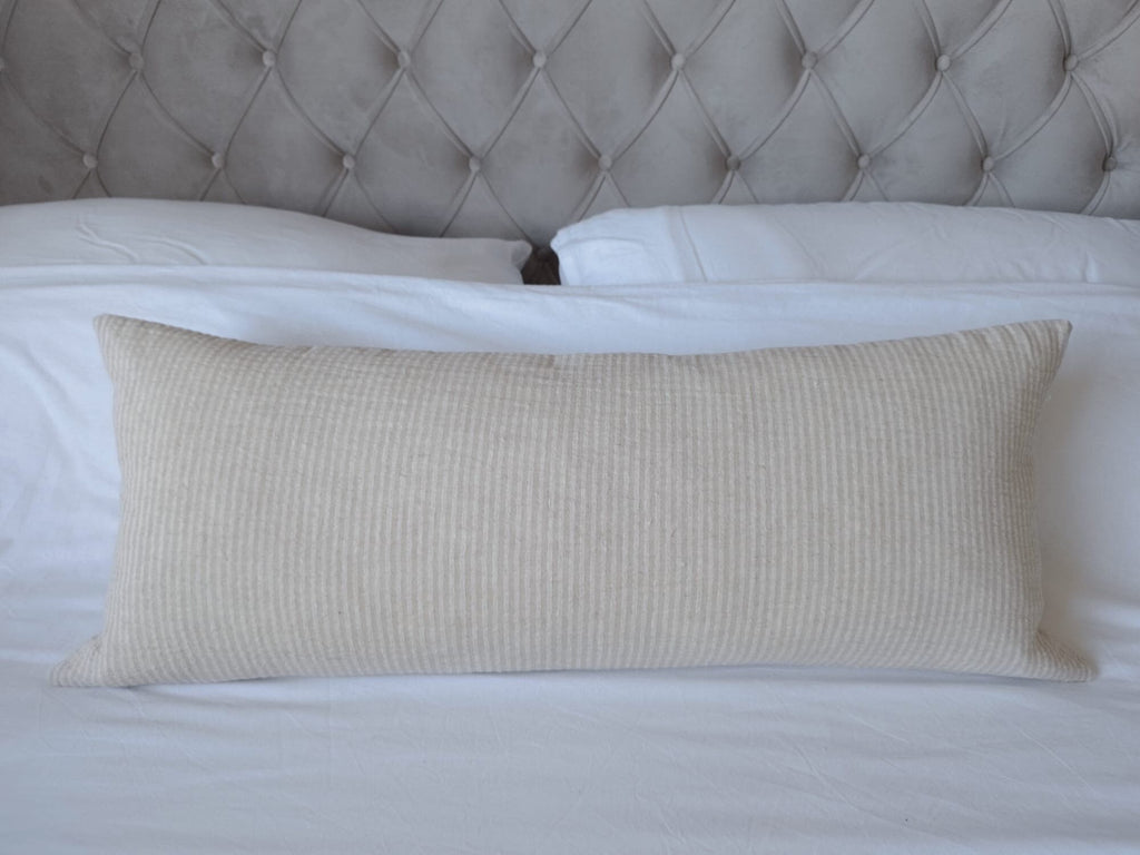 Extra long lumbar pillow cover, boho home decor, neutral woven cotton cushion, cream stripe bolster, beige bamboo and hemp long throw pillow