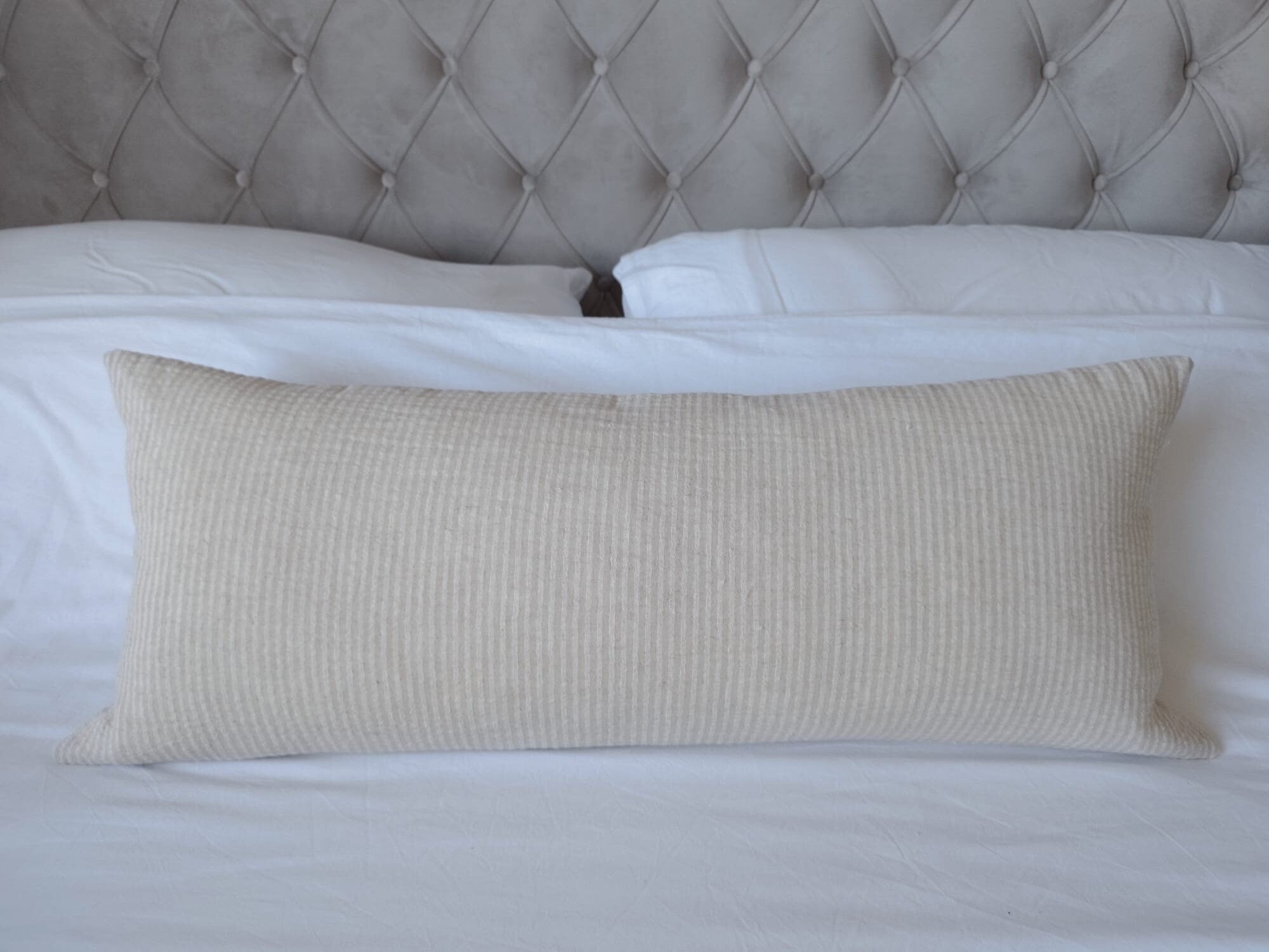 Extra long lumbar pillow cover, boho home decor, neutral woven cotton cushion, cream stripe bolster, beige bamboo and hemp long throw pillow
