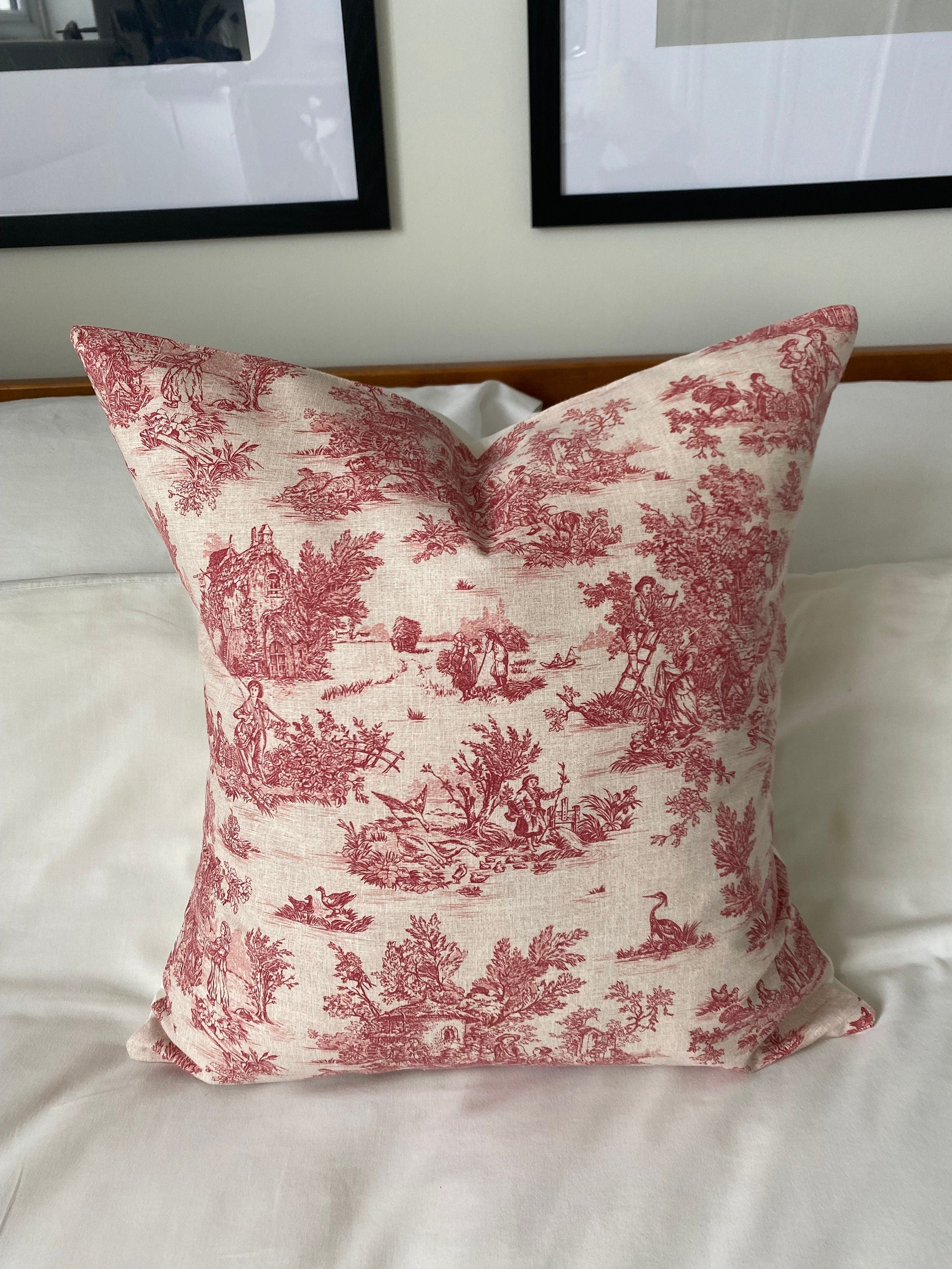 Toile de jouy french country pillow covers; red vintage cushions with an envelope reverse