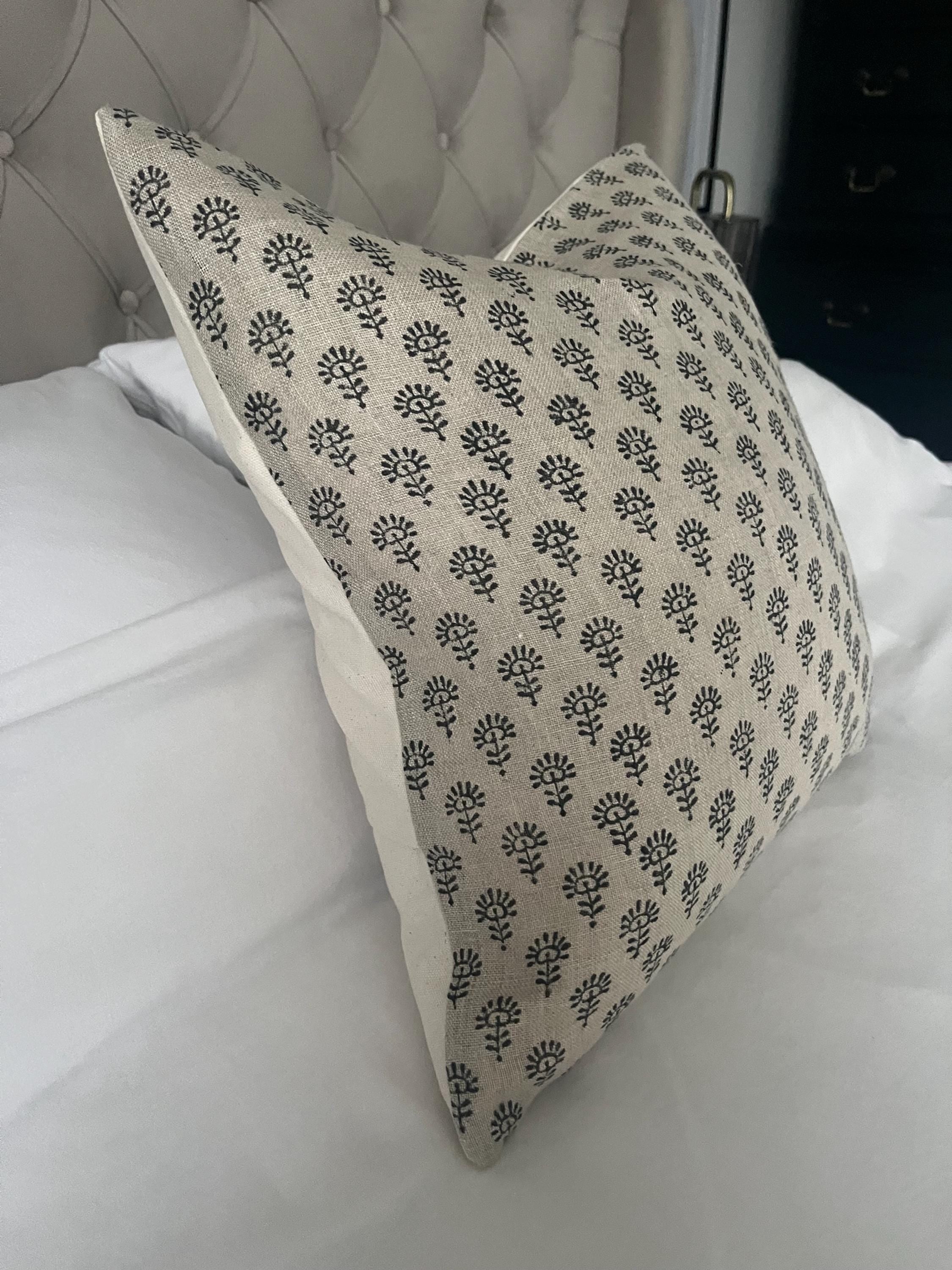 Beige Linen Block Print Pillow Cover: Neutral Bohemian Cushion