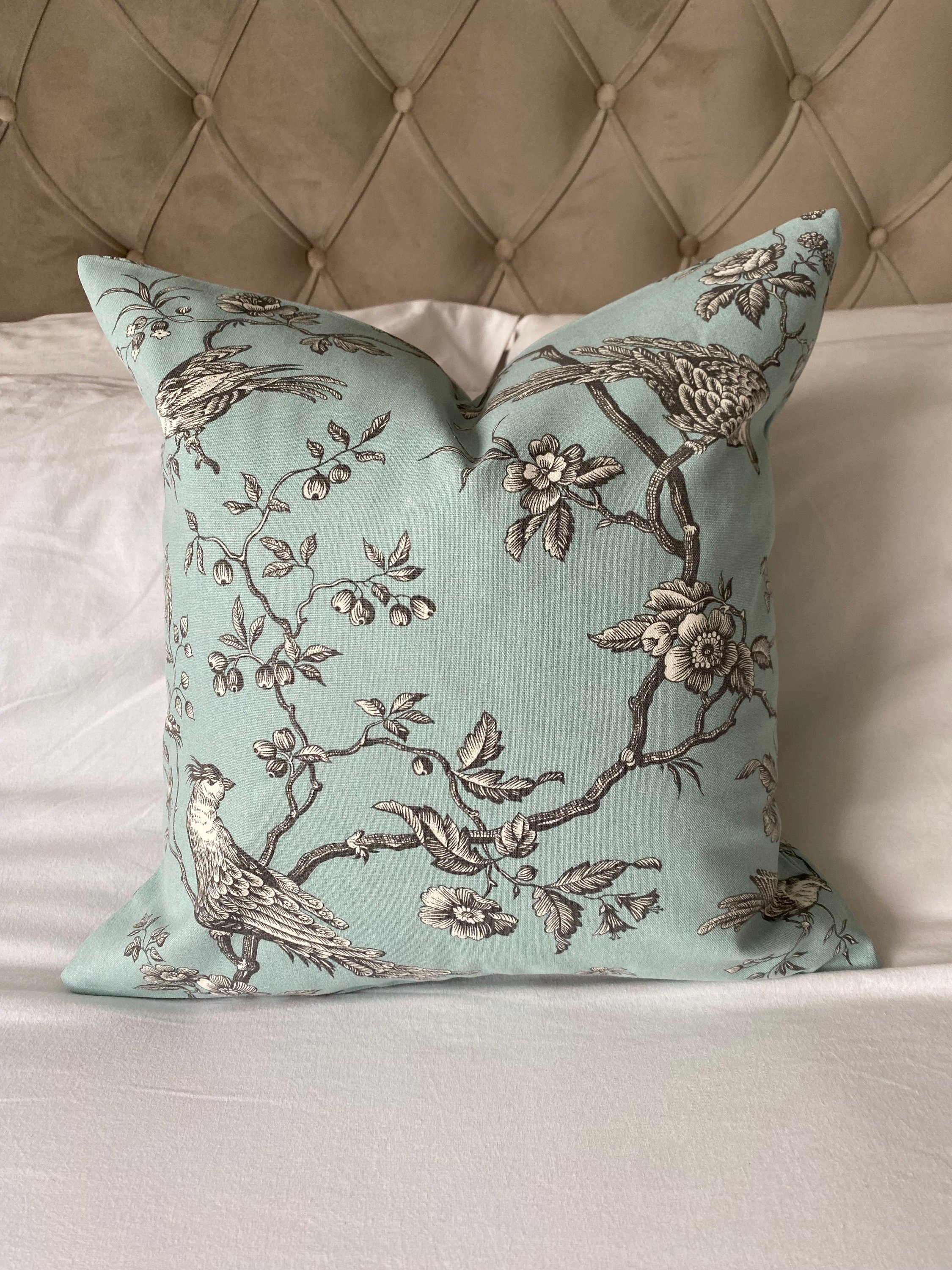 French Vintage Cushion Cover, Duck Egg Blue Bird Floral Pillow