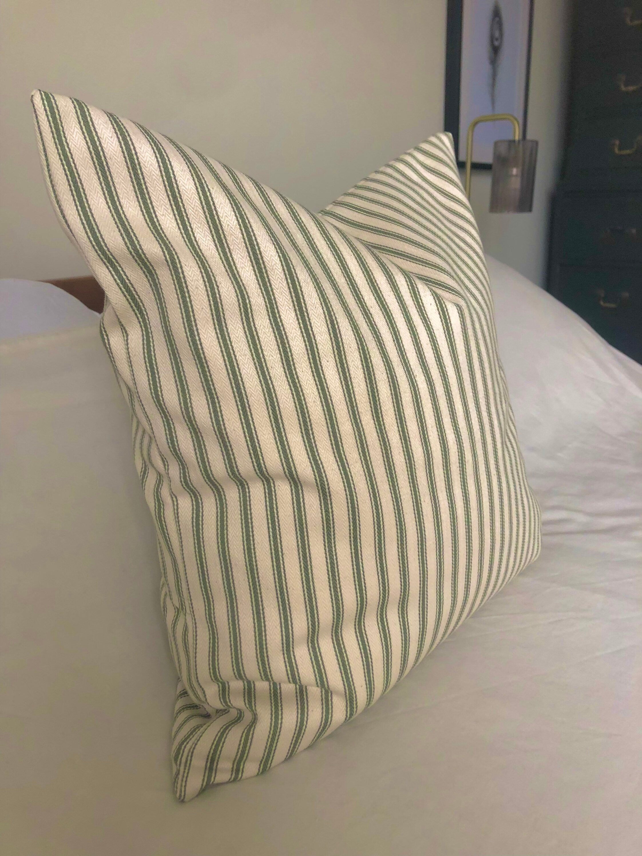 French country cushion cover, olive green ticking stripe pillow cover with envelope reverse