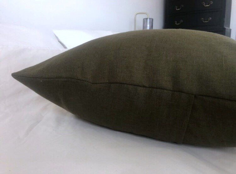 Olive Green French Linen Pillow Cover, Handmade envelope back Cushion