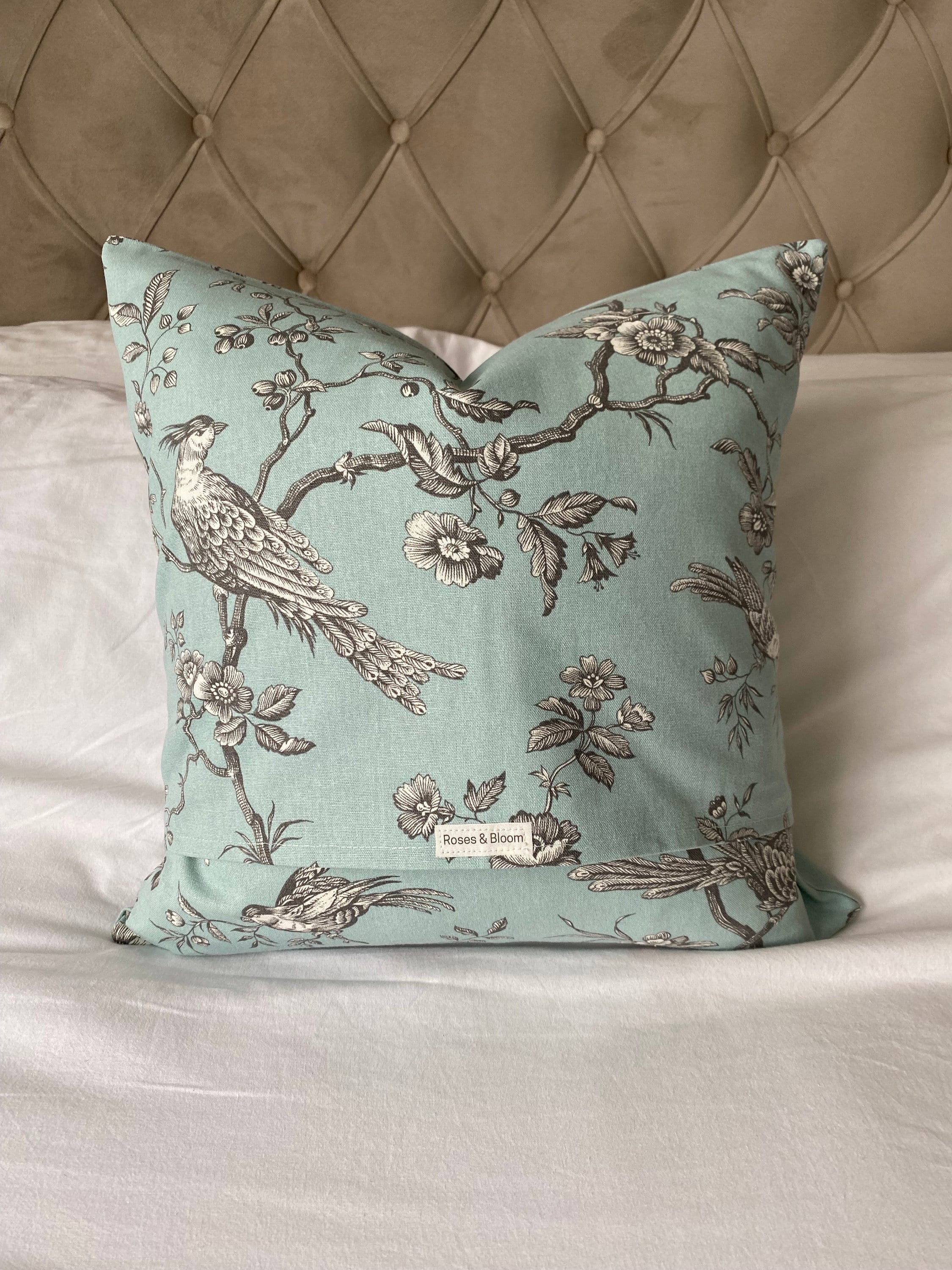 French Vintage Cushion Cover, Duck Egg Blue Bird Floral Pillow