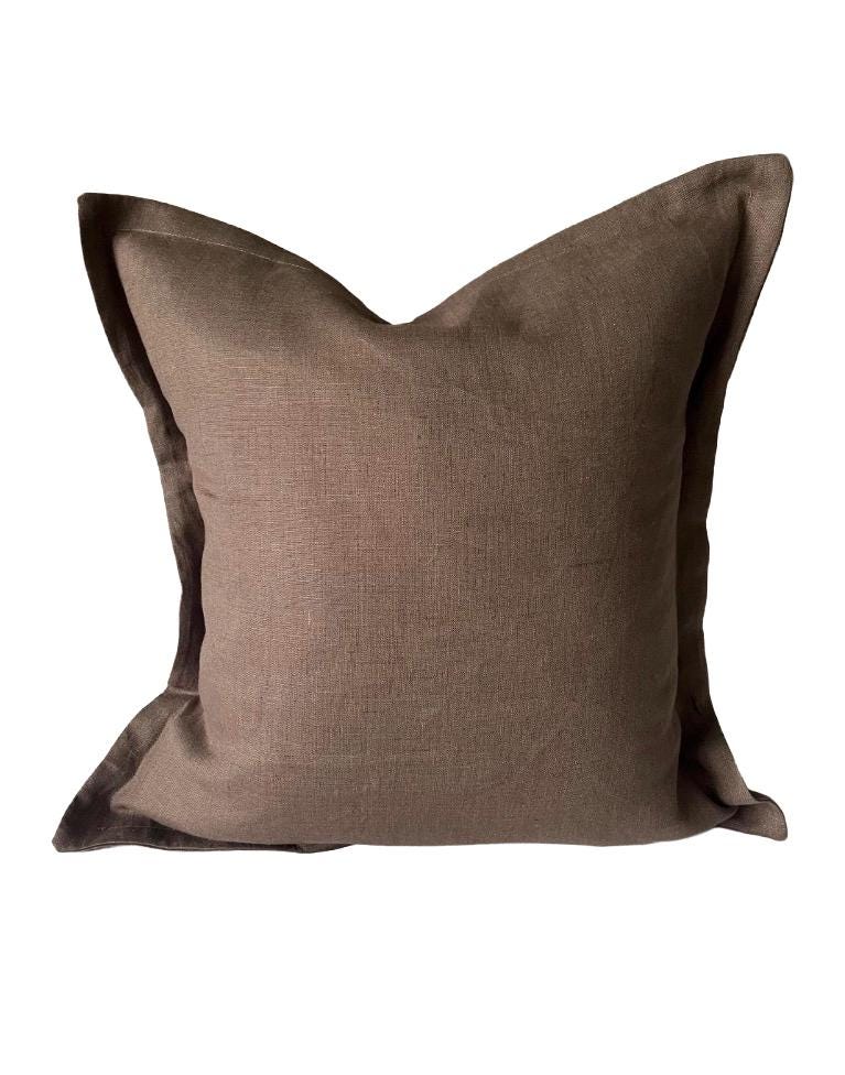 Mocha brown pillow cover within oxford edging, neutral linen cushion cover