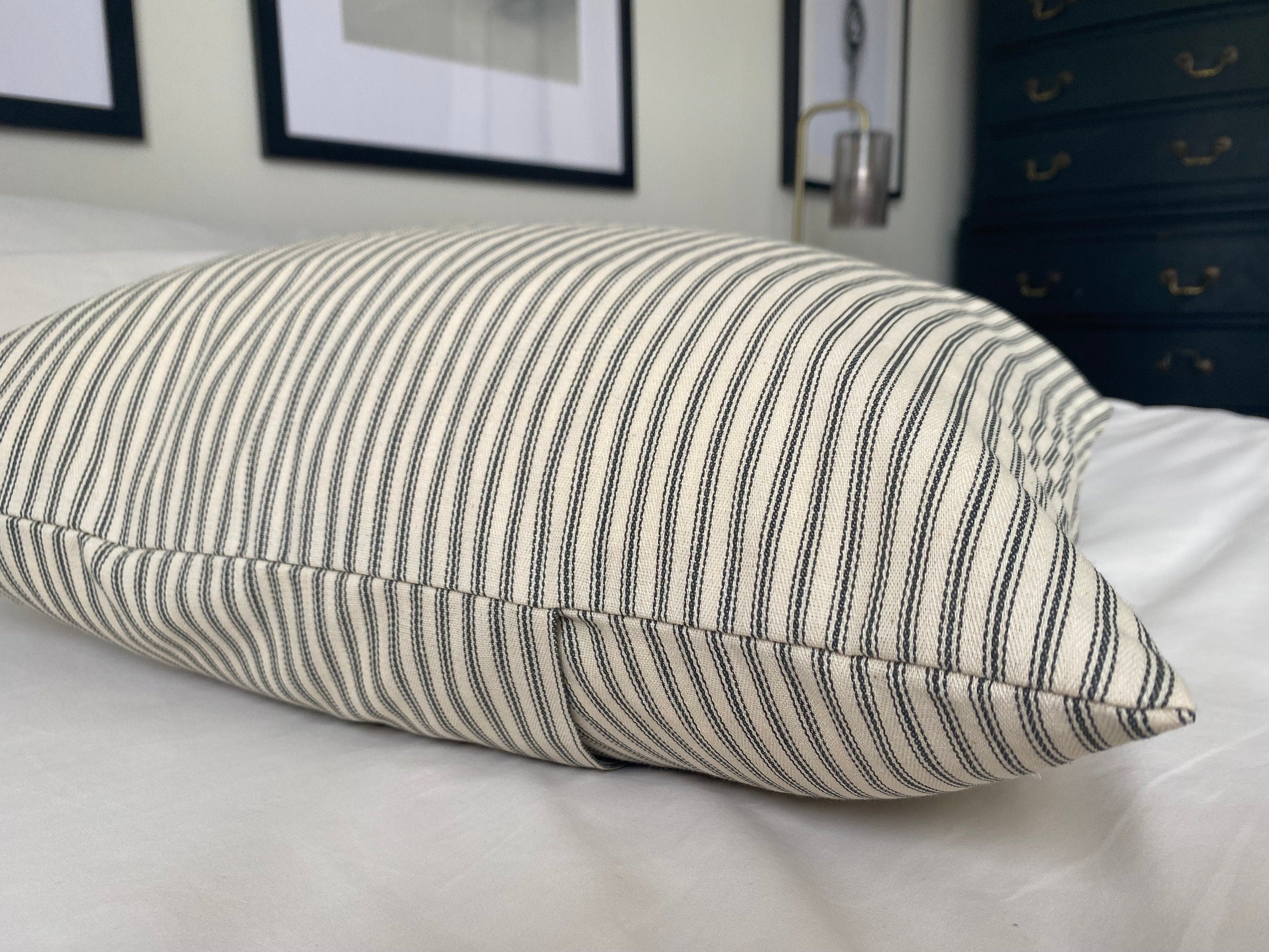 Farmhouse Ticking Stripe Pillow Cover, Charcoal Grey, Vintage Style