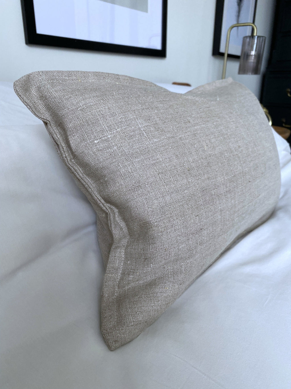 French Linen Pillow Cover: Beige Bolster, Farmhouse Cushion