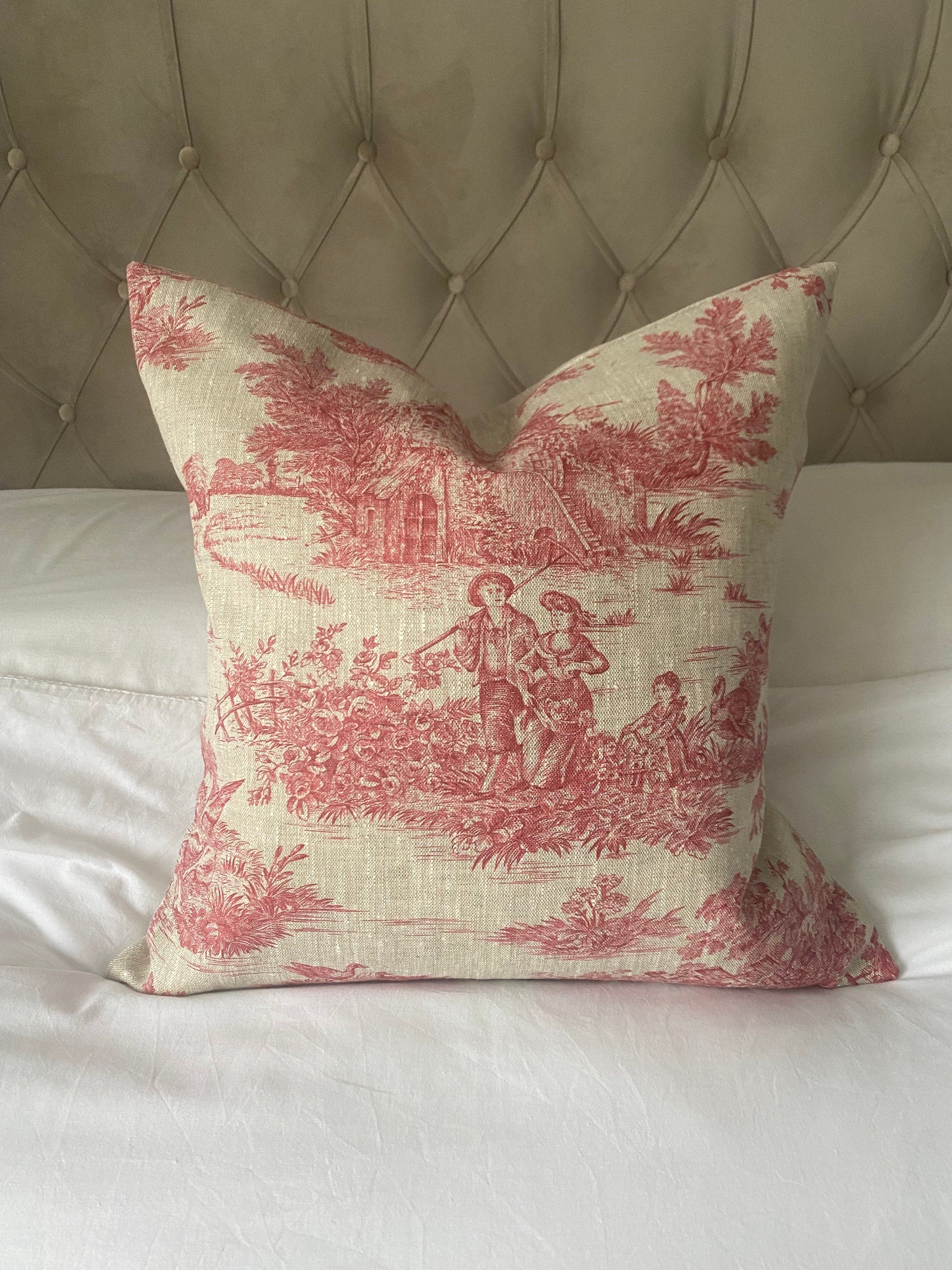 French country pillow cover, vintage linen bedding, red toile de jouy cushion covers