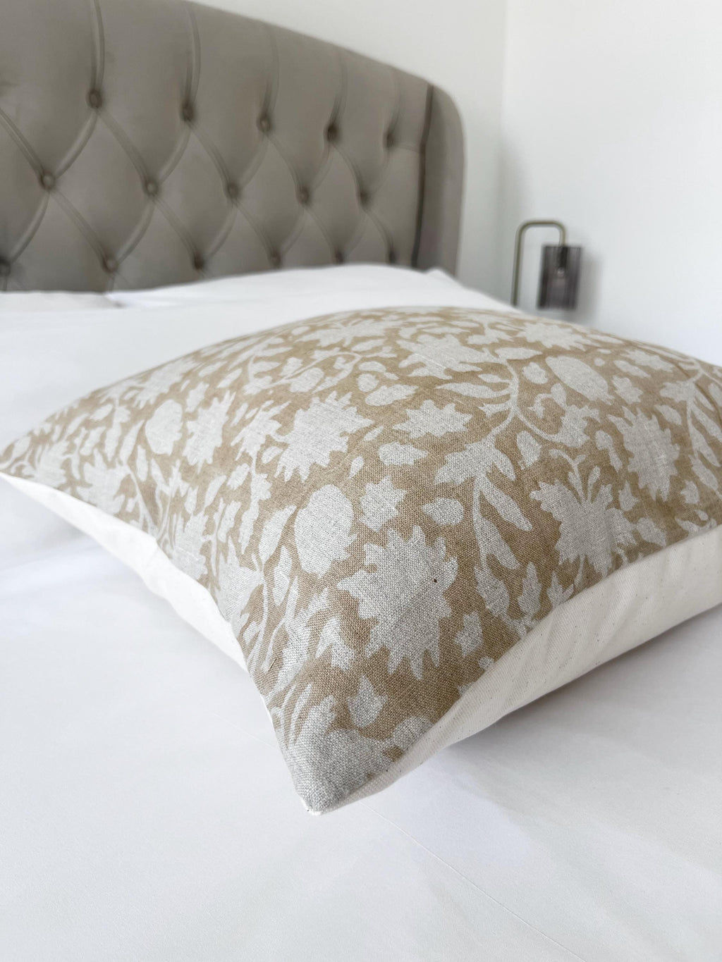 Beige floral block print pillow cover, patterned neutral cushion cover, light brown throw cushion