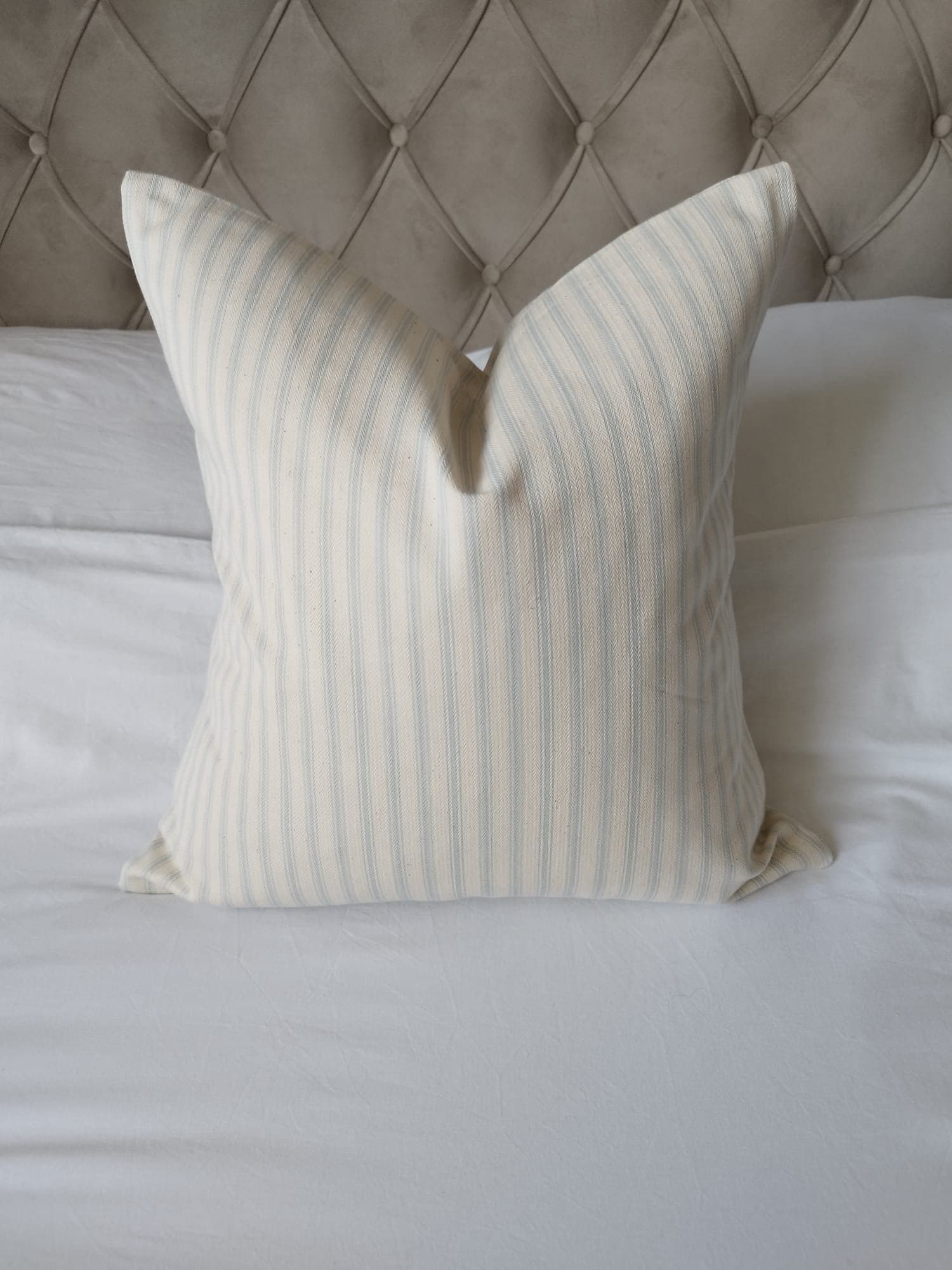 Farmhouse cushion covers, light powder blue stripe ticking pillows,