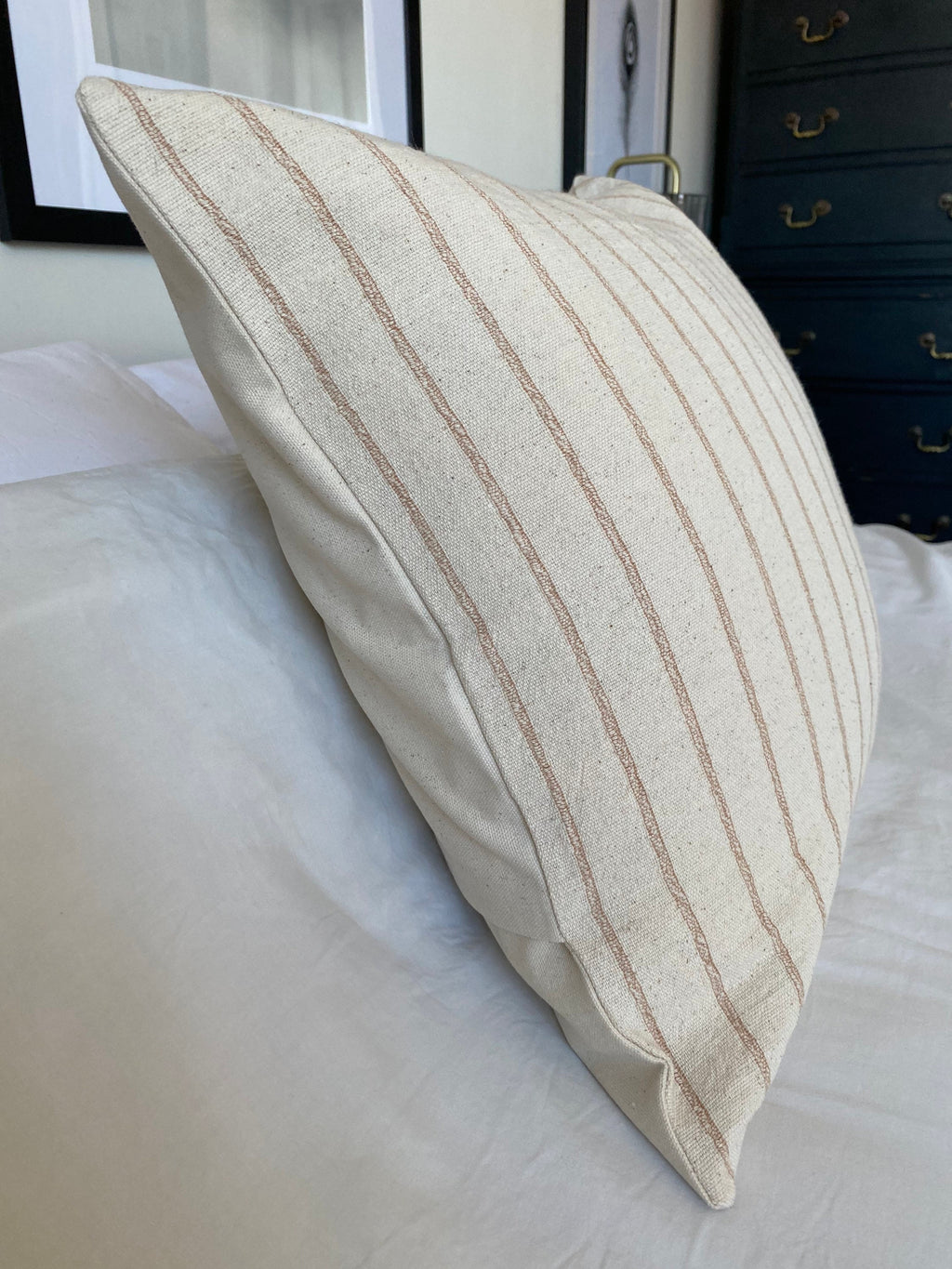 Beige Striped Pillow Cover, Farmhouse Woven Cotton Cushion