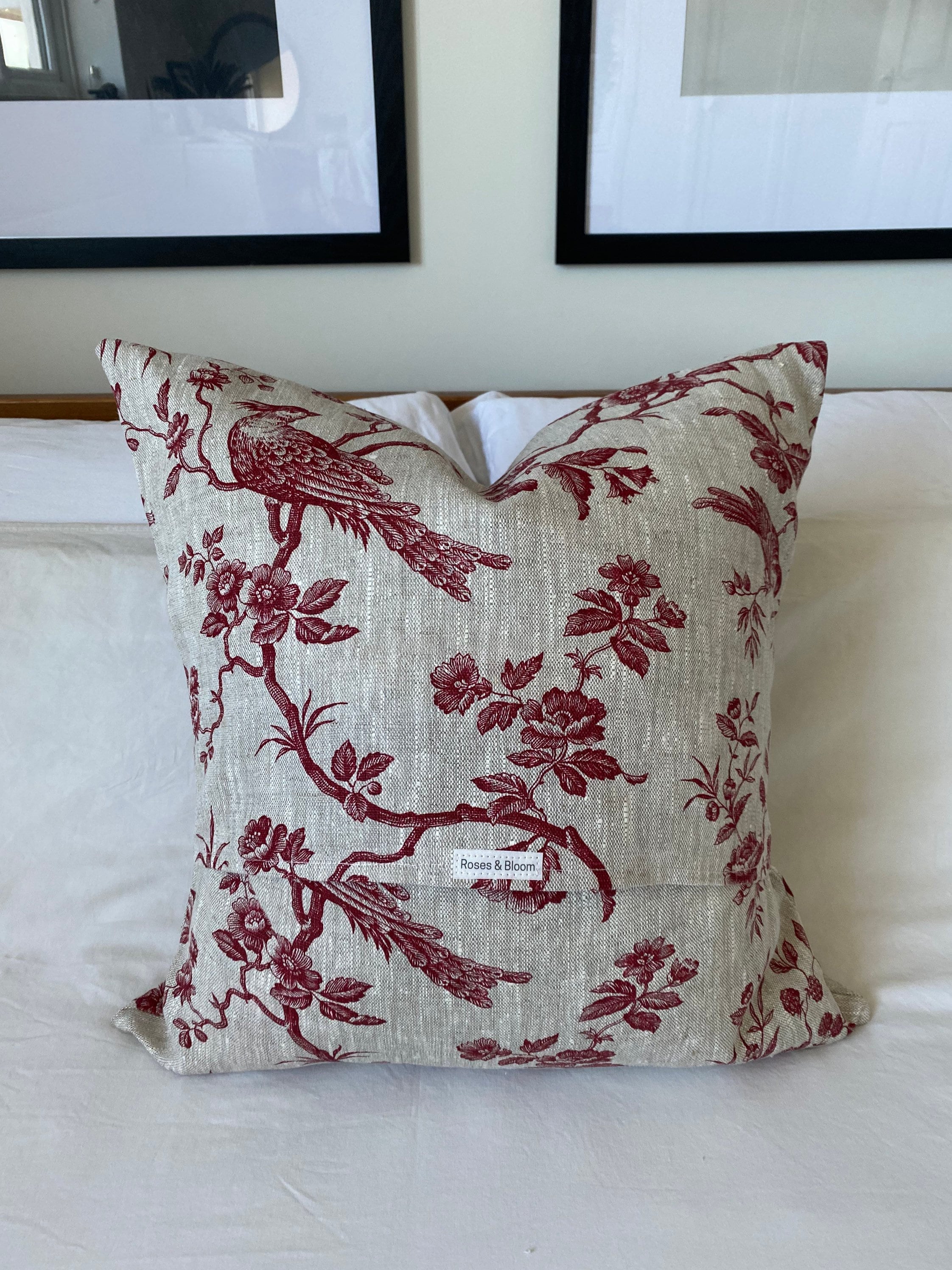 French Country Pillow Cover, Bordeaux Red Toile de Jouy Linen, Vintage Farmhouse Decor