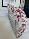 Red toile linen cushion cover with bird and floral pattern, French country vintage pillow in neutral beige fabric