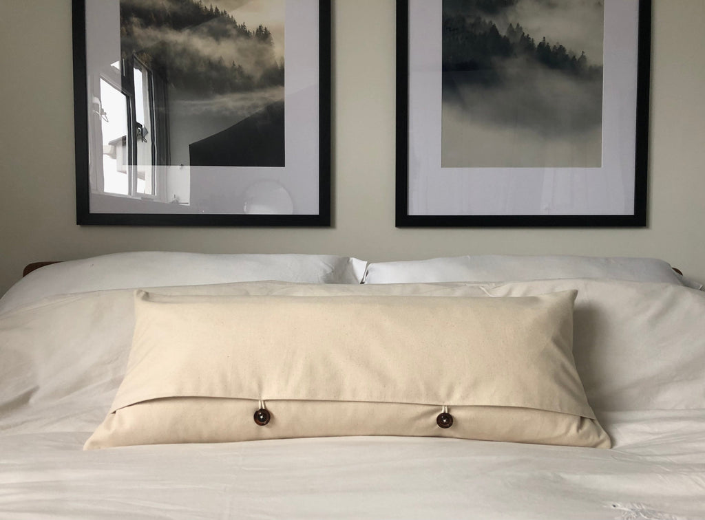 Black Patterned Bolster Pillow Cover, Extra Long Lumbar Cushion, Ivory Cotton