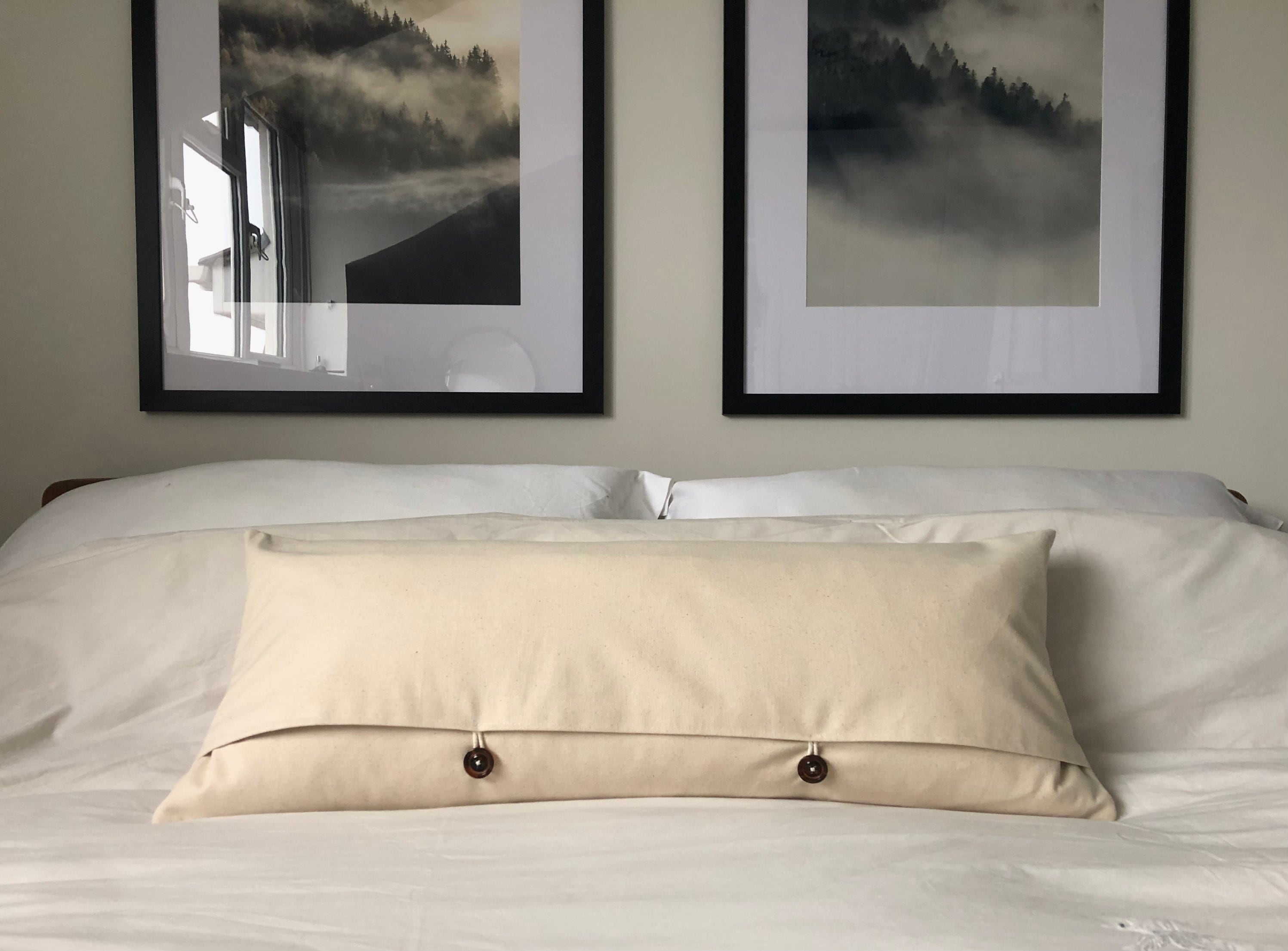 Black Patterned Bolster Pillow Cover, Extra Long Lumbar Cushion, Ivory Cotton