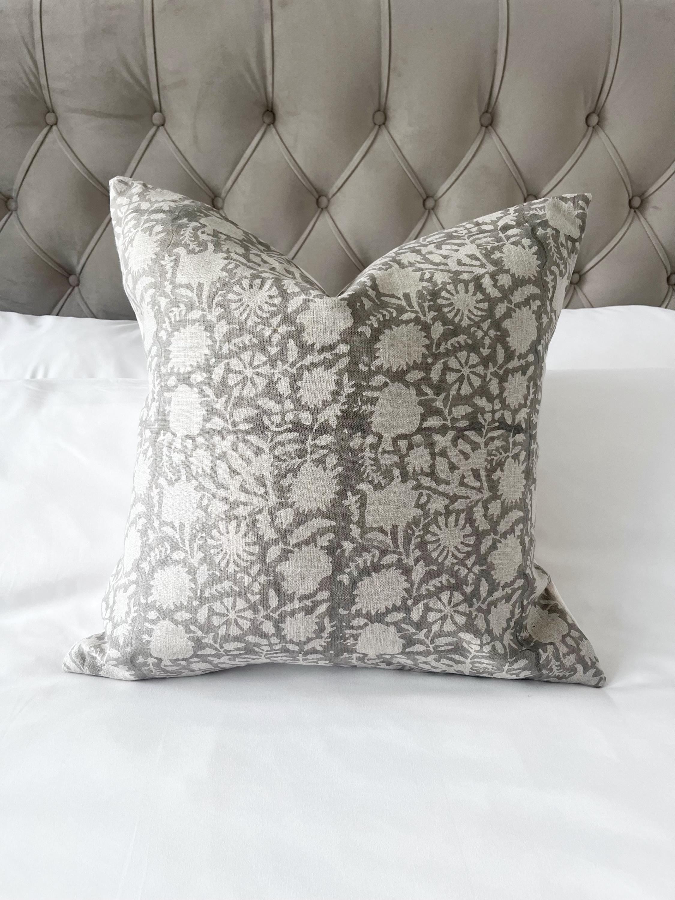 Grey floral block print pillow cover, patterned gray cushion cover
