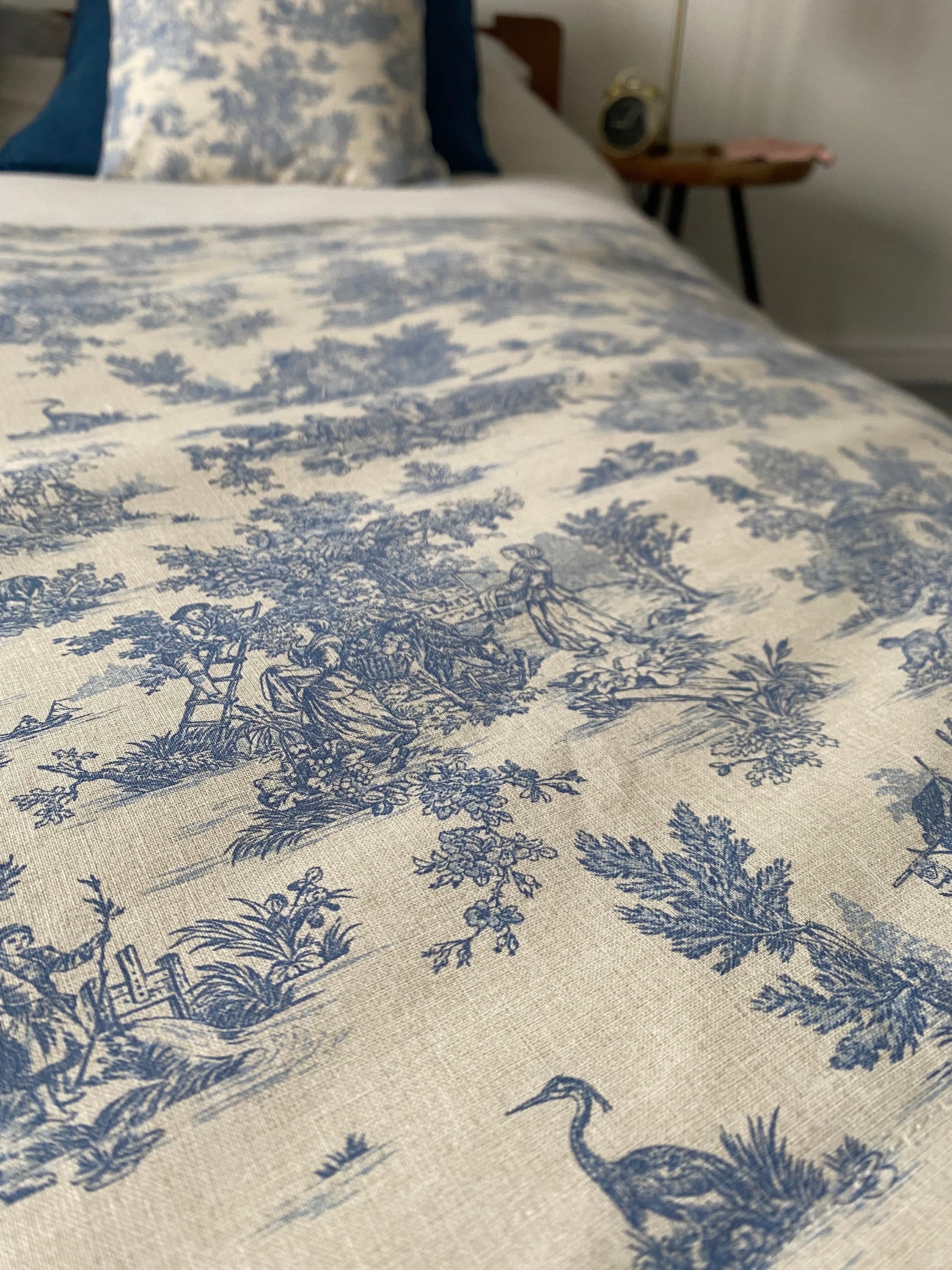 Blue toile throw, French vintage bedding, farmhouse bedscarf for a king bed