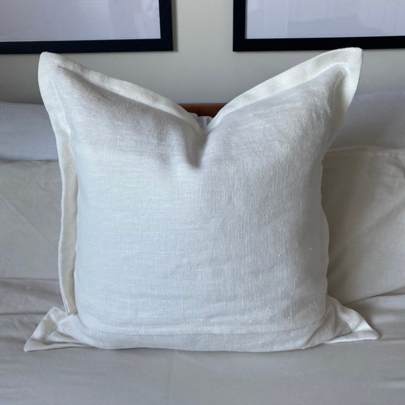 Off White linen cushion cover with oxford edging: neutral farmhouse textiles