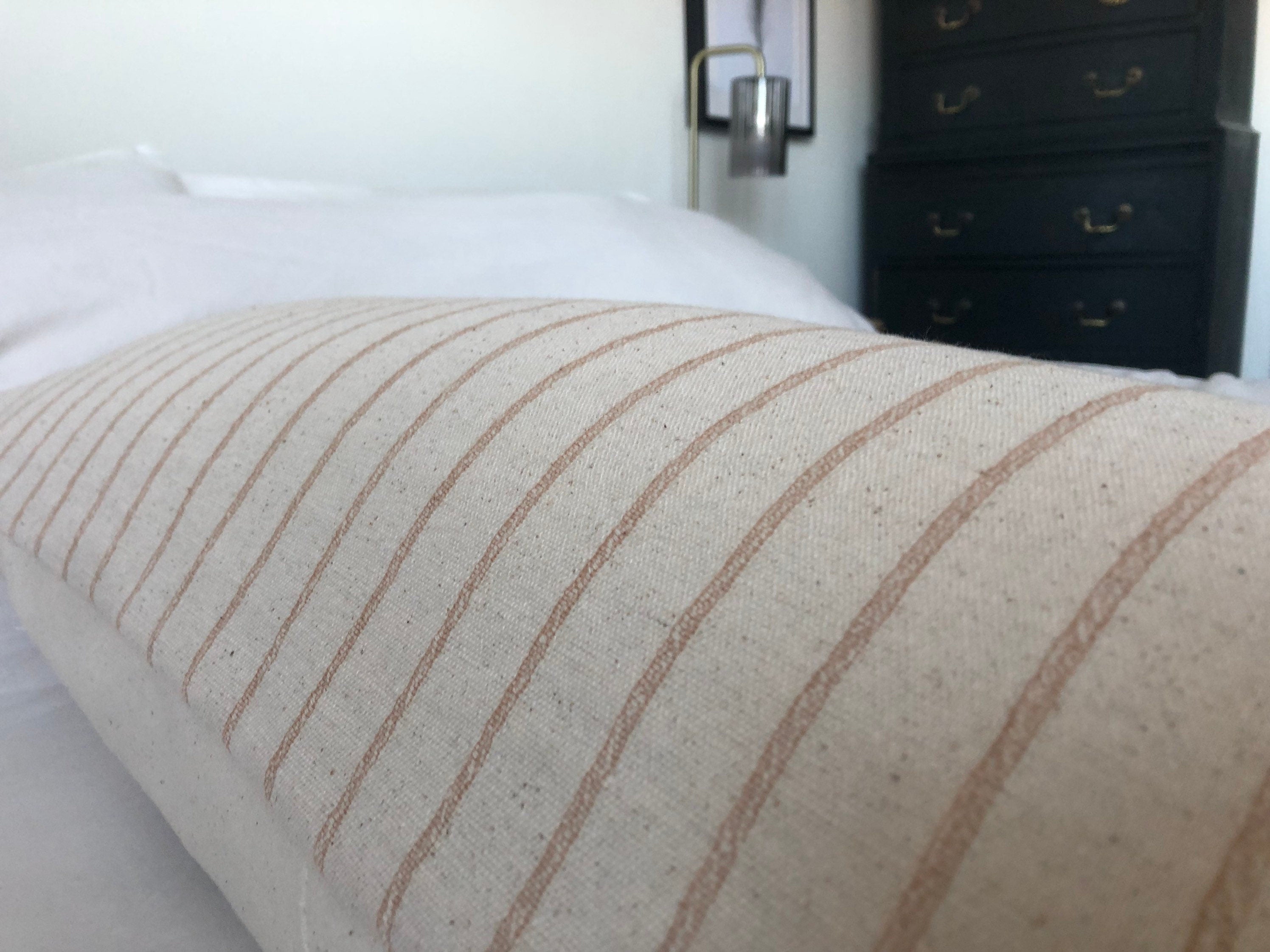 Striped tan Bolster Pillow Cover, Neutral Woven Cotton Lumber Cushion