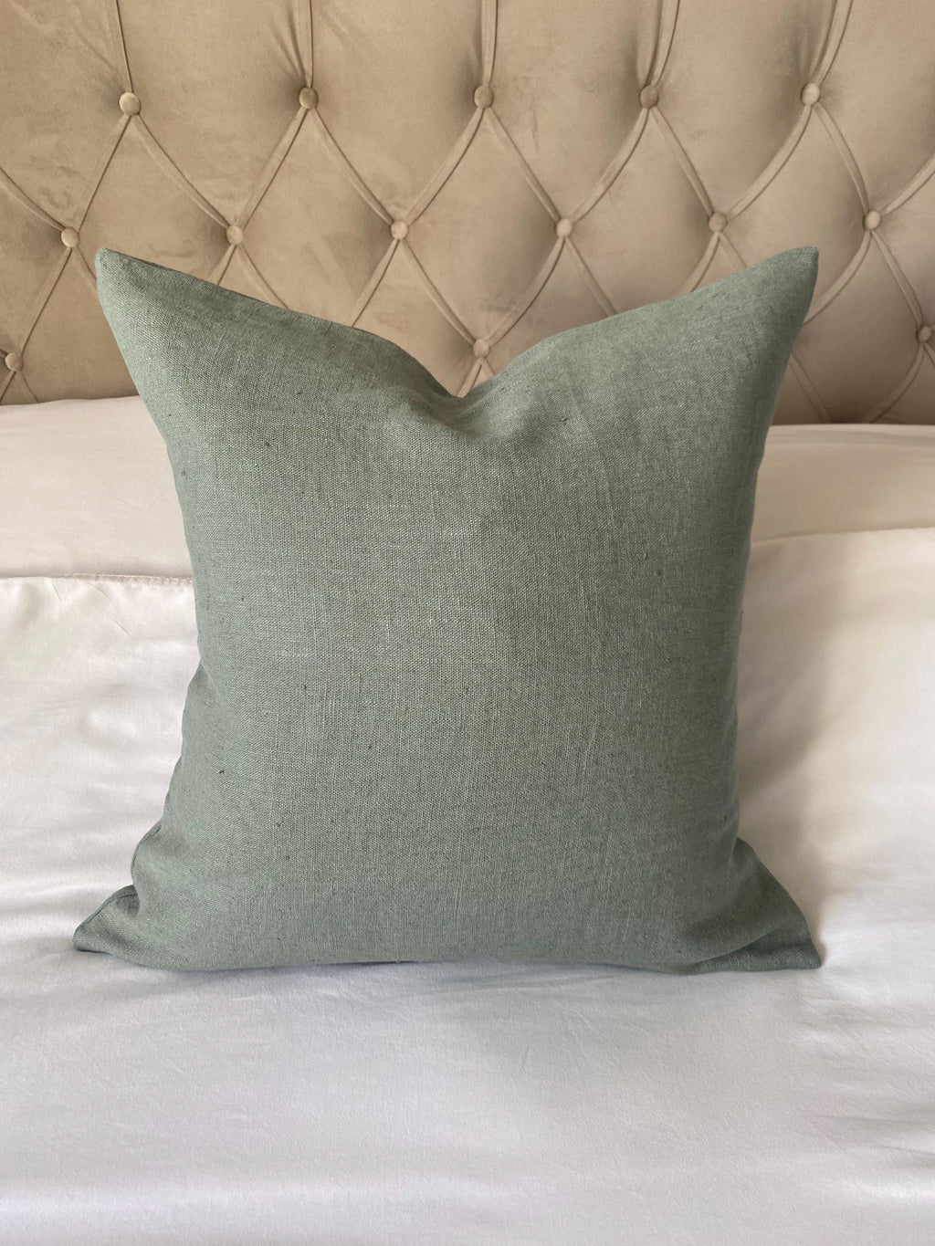 Sage Green Eurorean linen cushion covers, with an envelope reverse