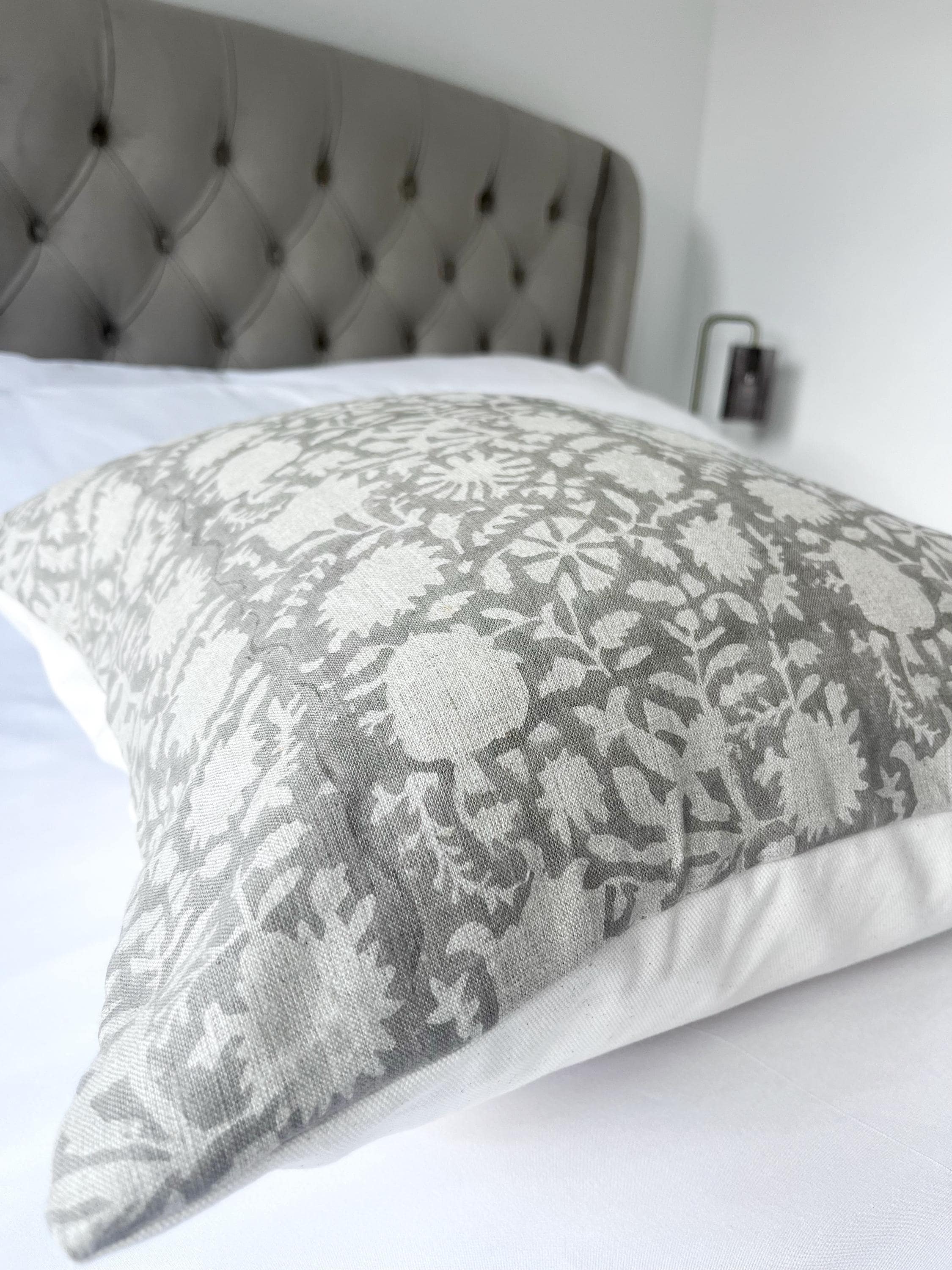 Grey floral block print pillow cover, patterned gray cushion cover