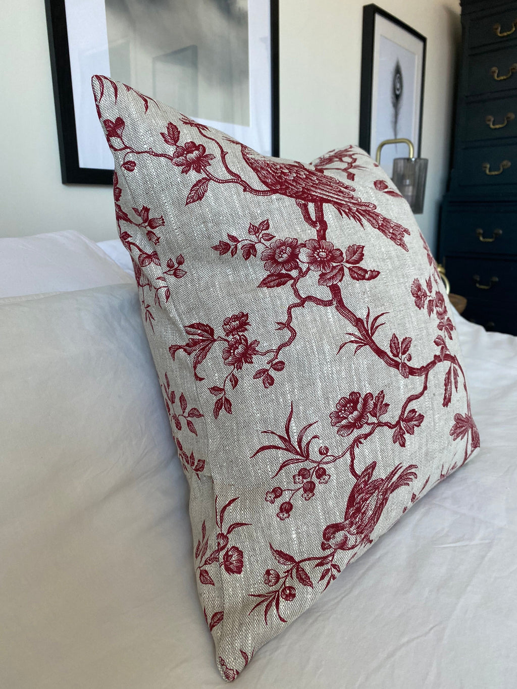 French Country Pillow Cover, Bordeaux Red Toile de Jouy Linen, Vintage Farmhouse Decor