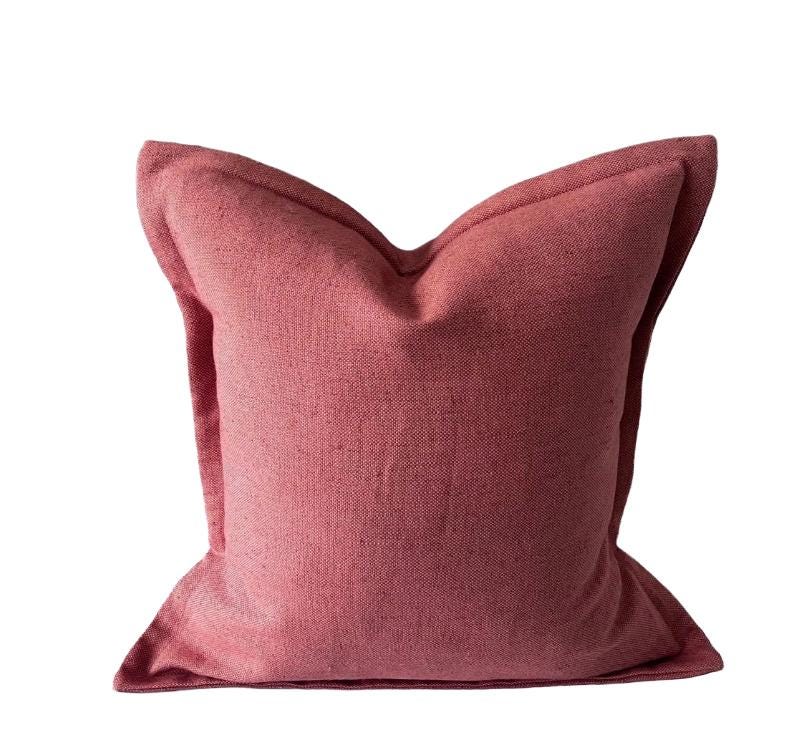Coral Pink Linen Pillow Cover, Oxford Edge, Handmade Cushion