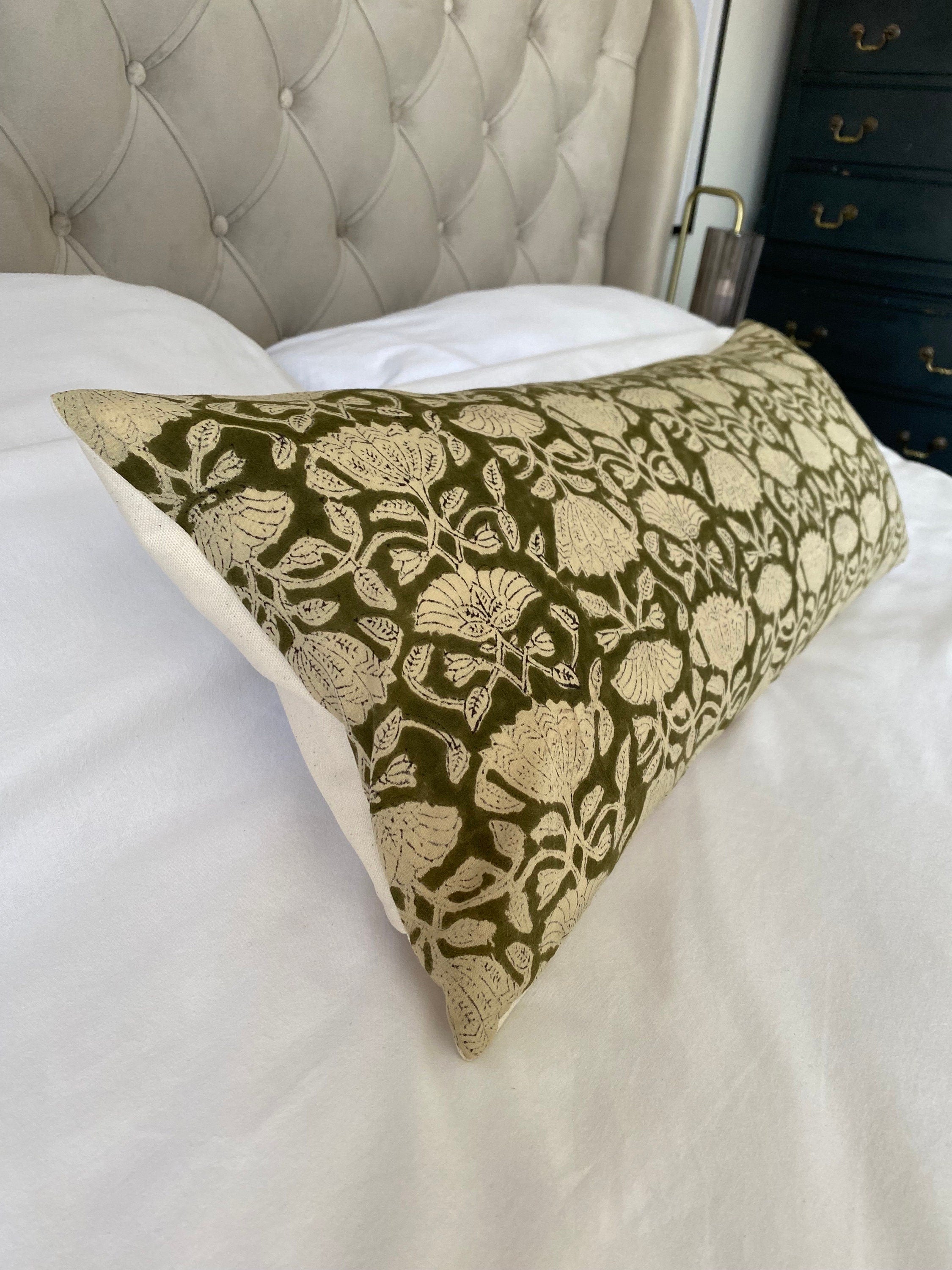 Block Print lumbar cushion cover; with organic cotton reverse