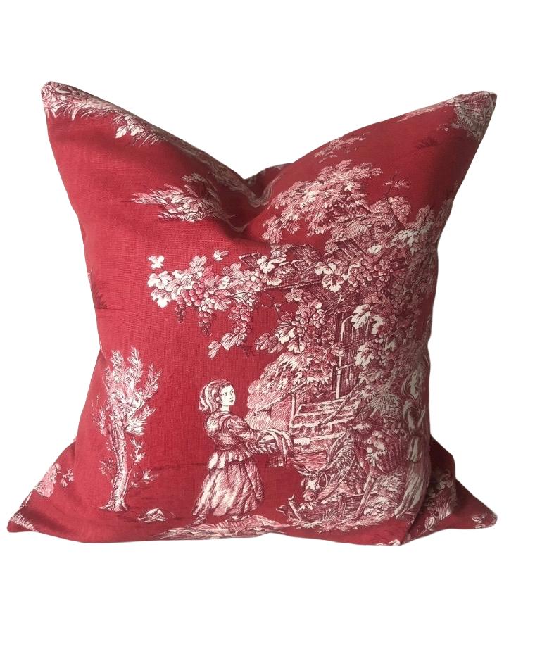 Red Toile de Jouy Pillow Cover, French Country Farmhouse Decor